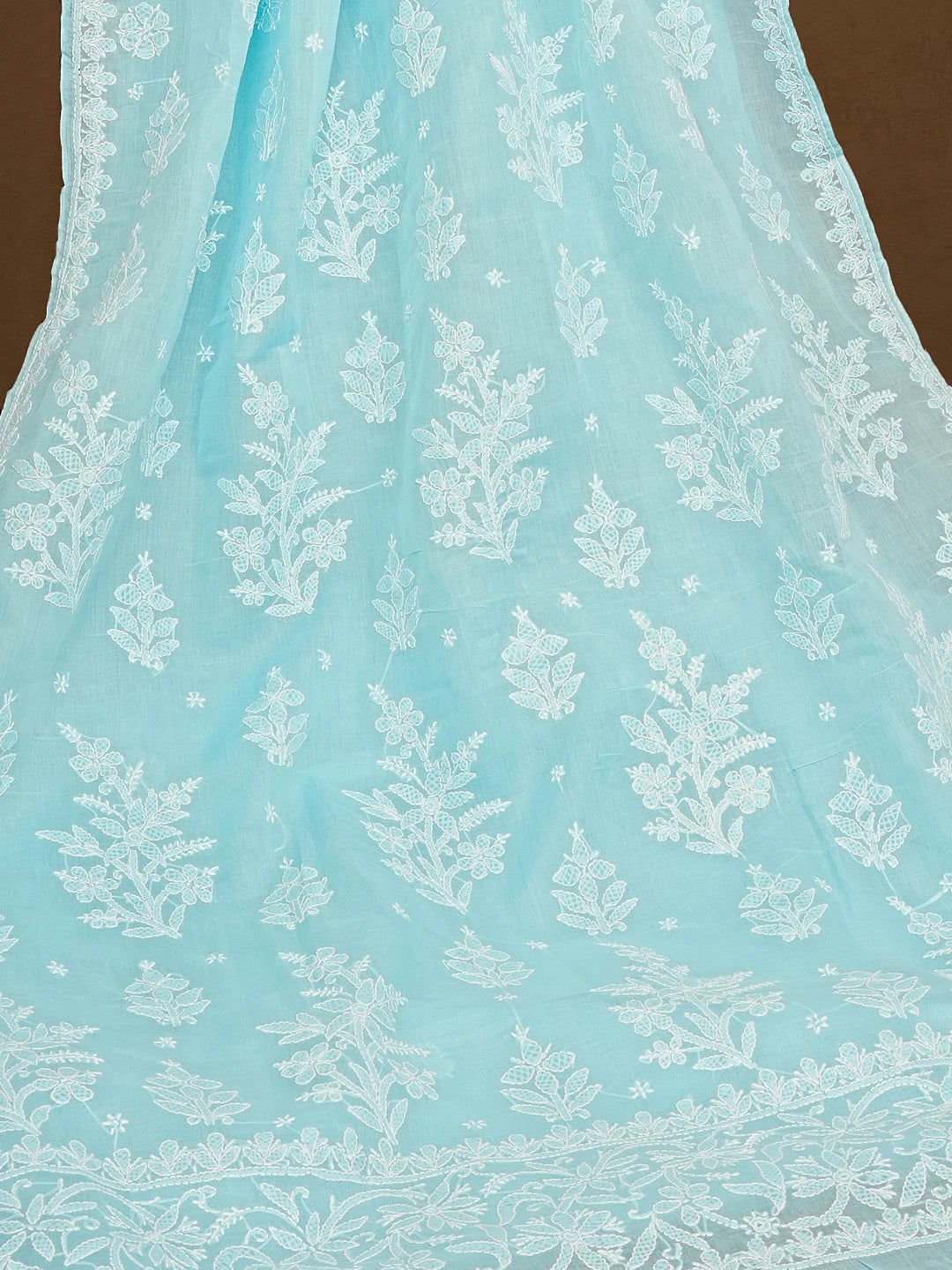 Ada Hand Embroidered Sky Blue Cotton Lucknowi Chikankari Saree With Blouse 01A583396
