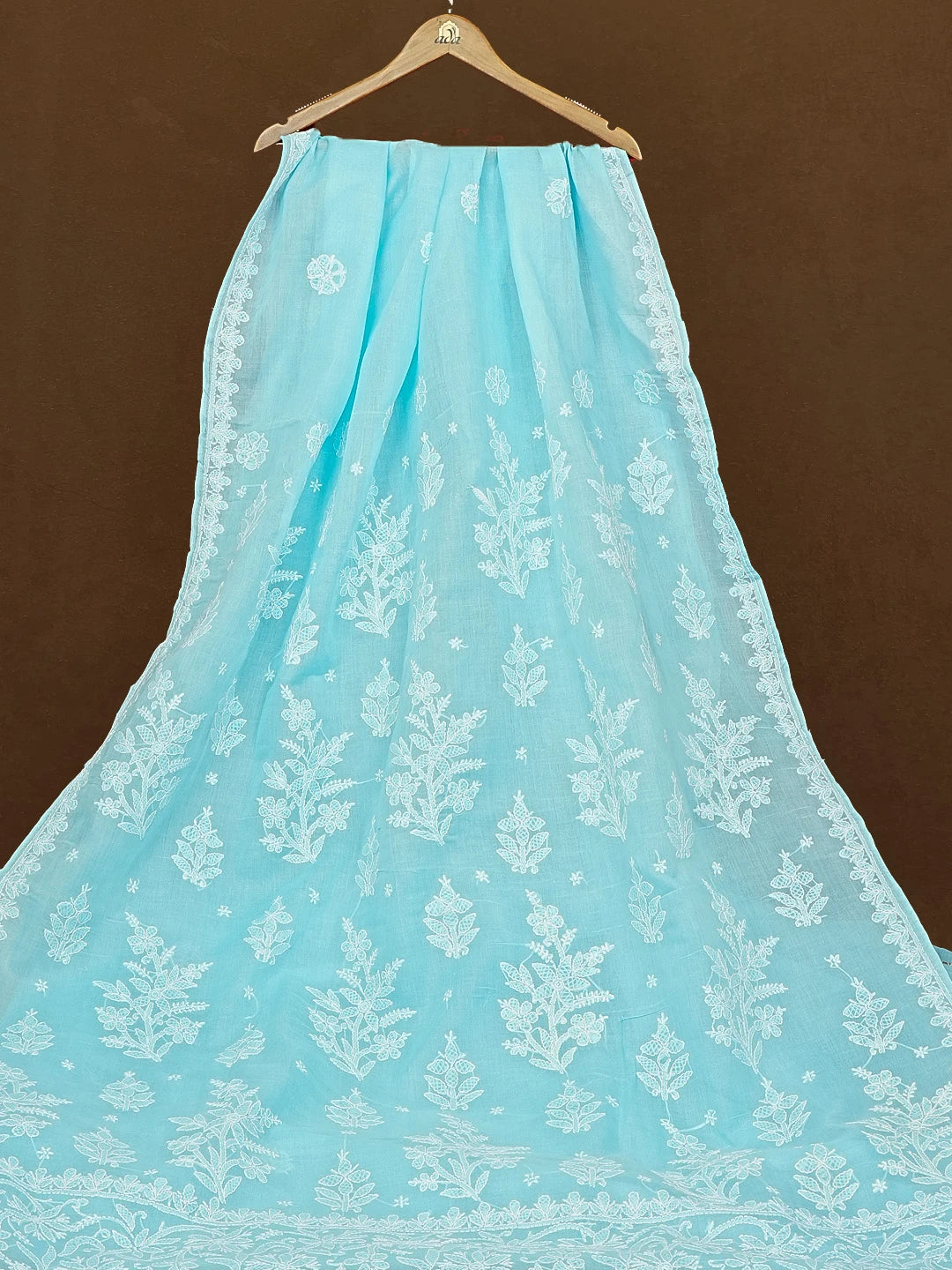 Ada Hand Embroidered Sky Blue Cotton Lucknowi Chikankari Saree With Blouse 01A583396