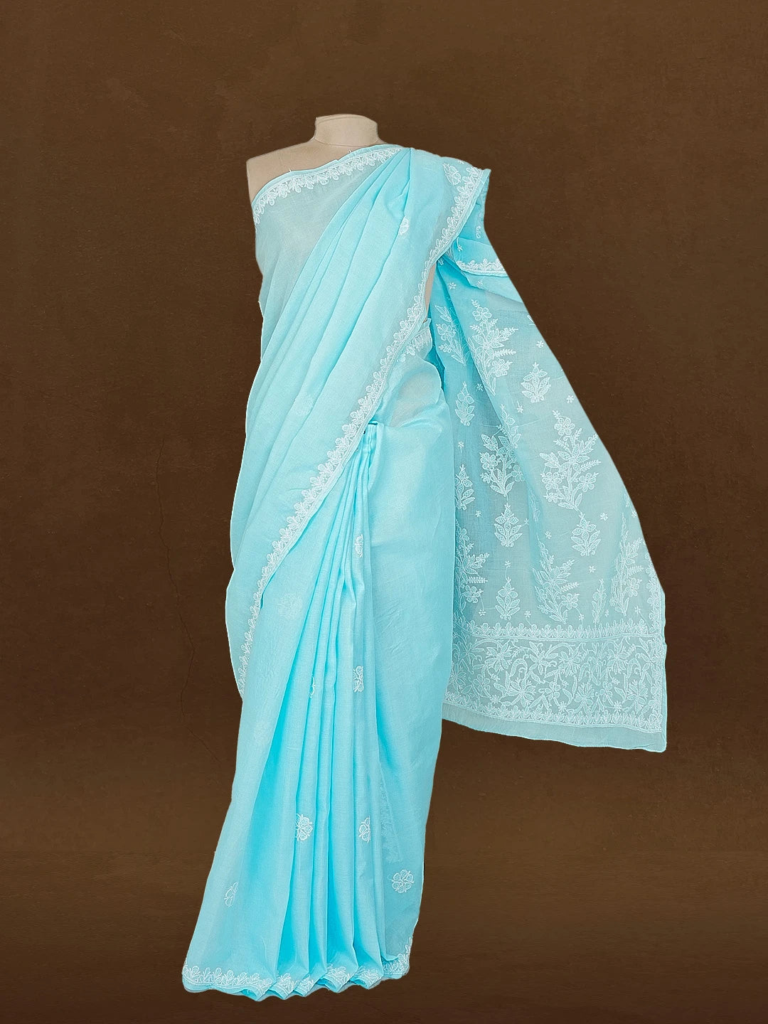 Ada Hand Embroidered Sky Blue Cotton Lucknowi Chikankari Saree With Blouse 01A583396