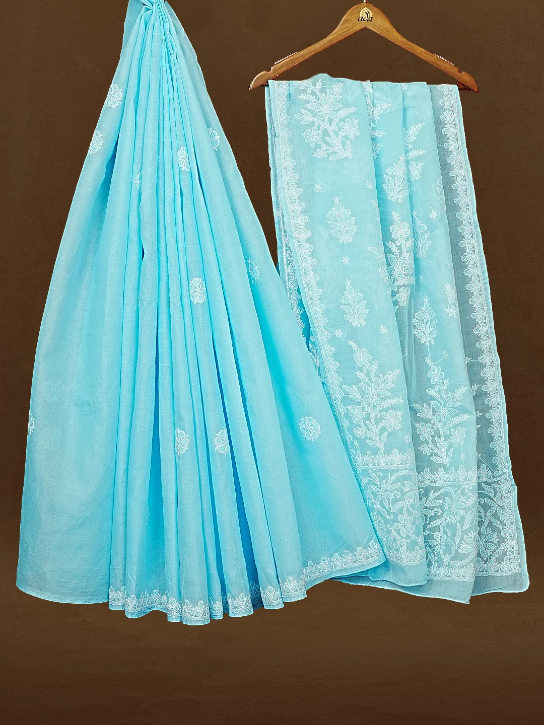 Ada Hand Embroidered Sky Blue Cotton Lucknowi Chikankari Saree With Blouse 01A583396