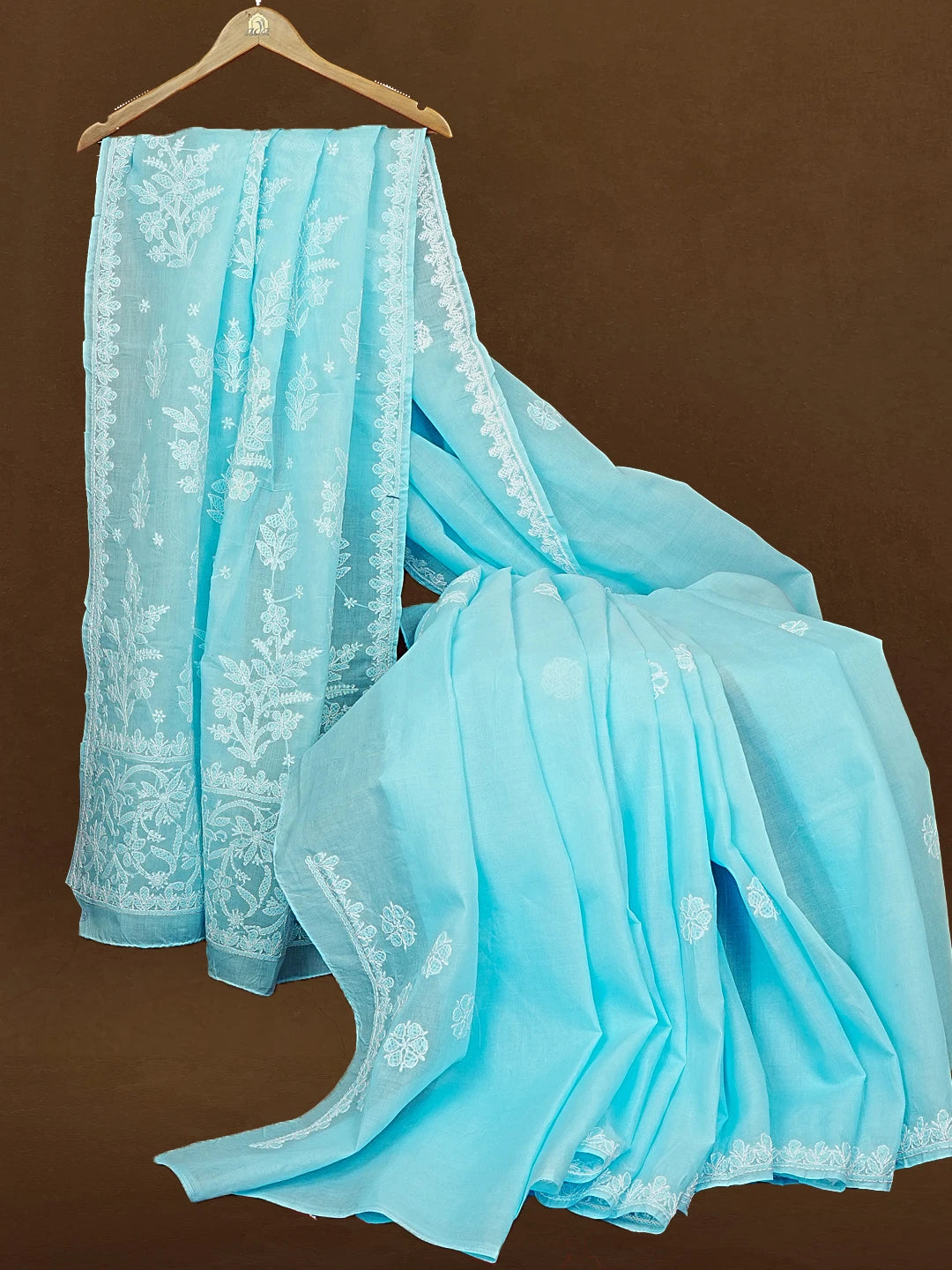 Ada Hand Embroidered Sky Blue Cotton Lucknowi Chikankari Saree With Blouse 01A583396
