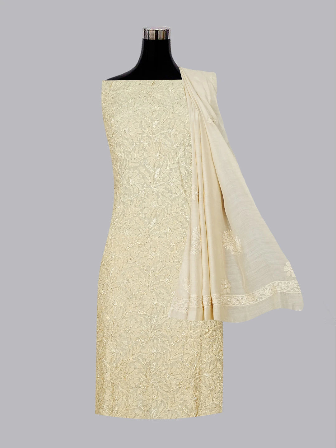 Ada Hand Embroidered Light Fawn Muslin Lucknowi Chikankari Unstitched Kurta Dupatta Set 01A584977