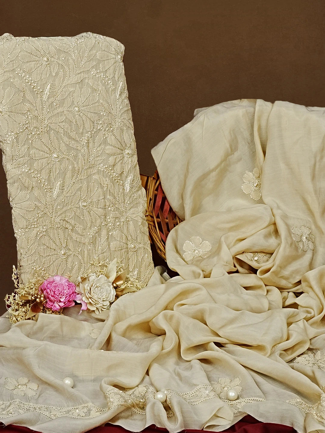 Ada Hand Embroidered Light Fawn Muslin Lucknowi Chikankari Unstitched Kurta Dupatta Set 01A584977