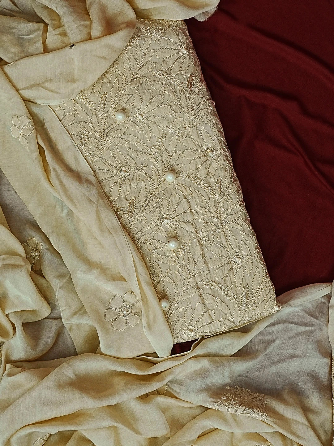 Ada Hand Embroidered Light Fawn Muslin Lucknowi Chikankari Unstitched Kurta Dupatta Set 01A584977