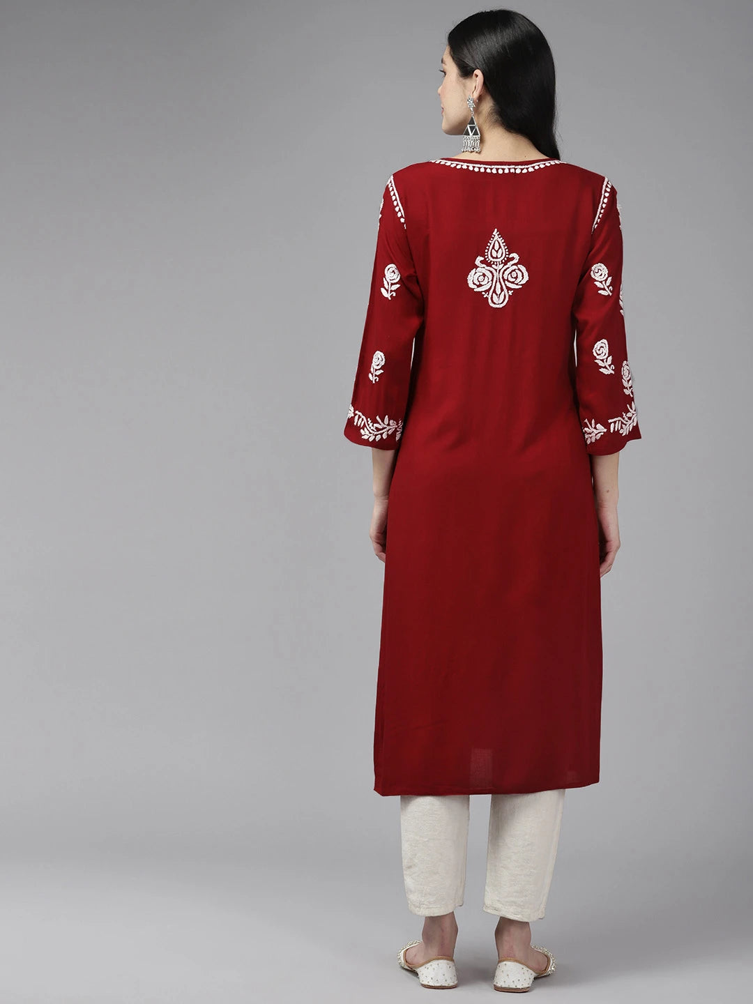 Ada Hand Embroidered Dark Red Rayon Lucknowi Chikankari Straight Kurta A411539