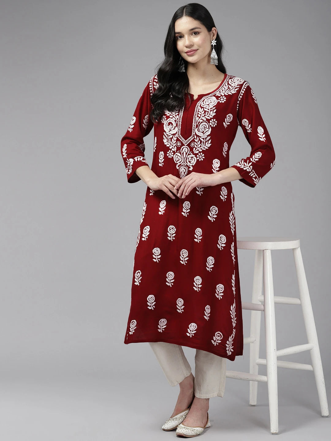 Ada Hand Embroidered Dark Red Rayon Lucknowi Chikankari Straight Kurta A411539