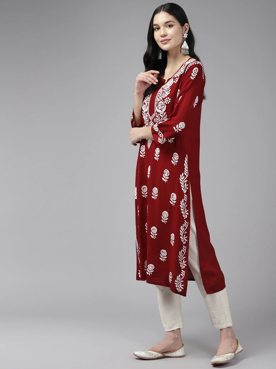 Ada Hand Embroidered Dark Red Rayon Lucknowi Chikankari Straight Kurta A411539