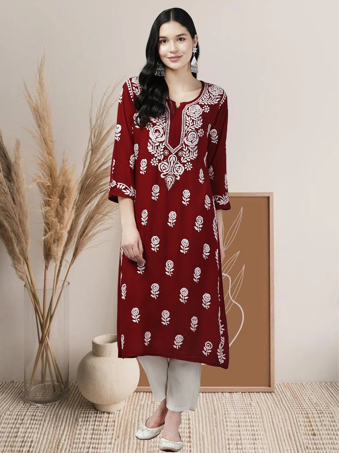 Ada Hand Embroidered Dark Red Rayon Lucknowi Chikankari Straight Kurta A411539