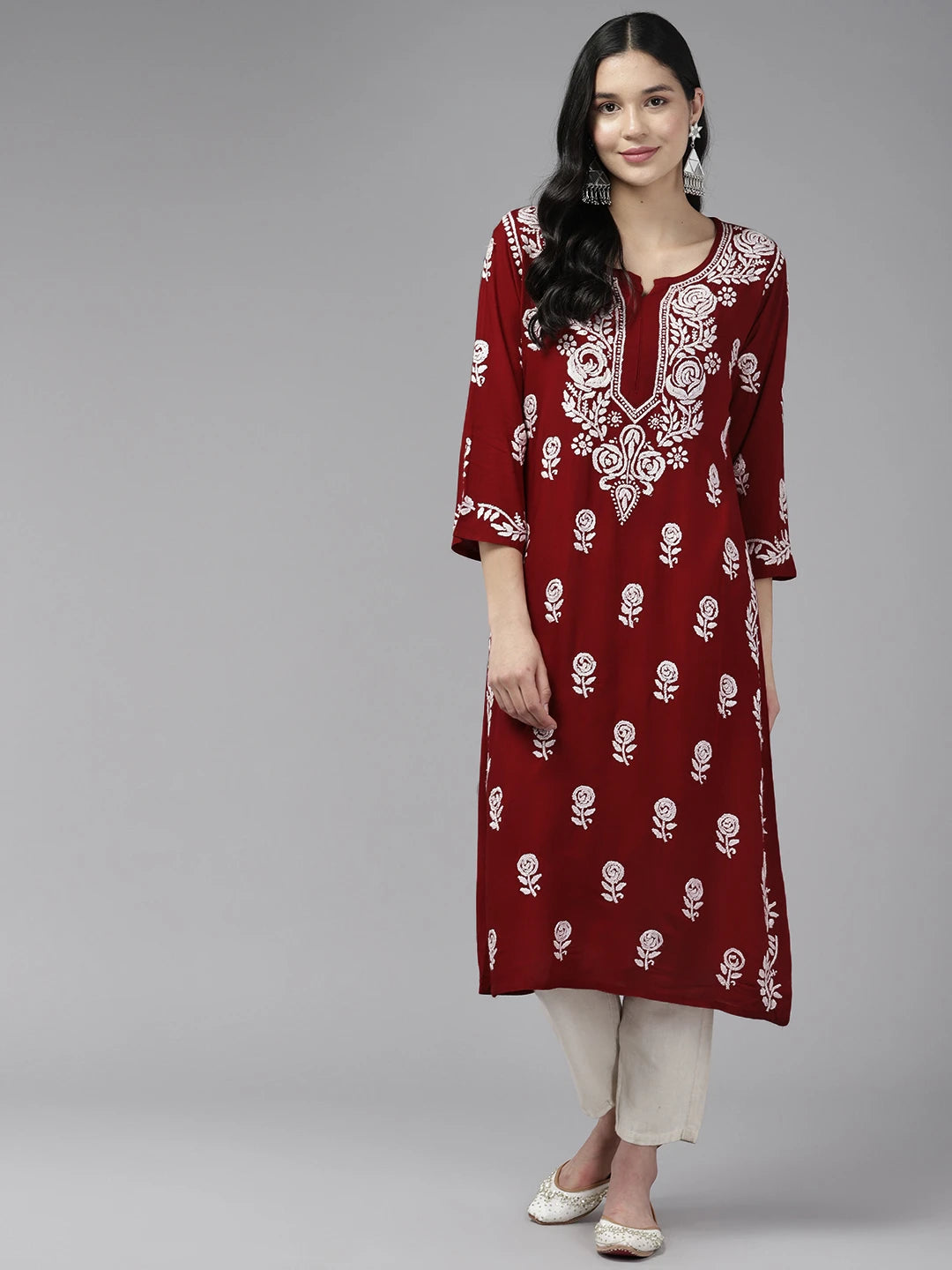 Ada Hand Embroidered Dark Red Rayon Lucknowi Chikankari Straight Kurta A411539