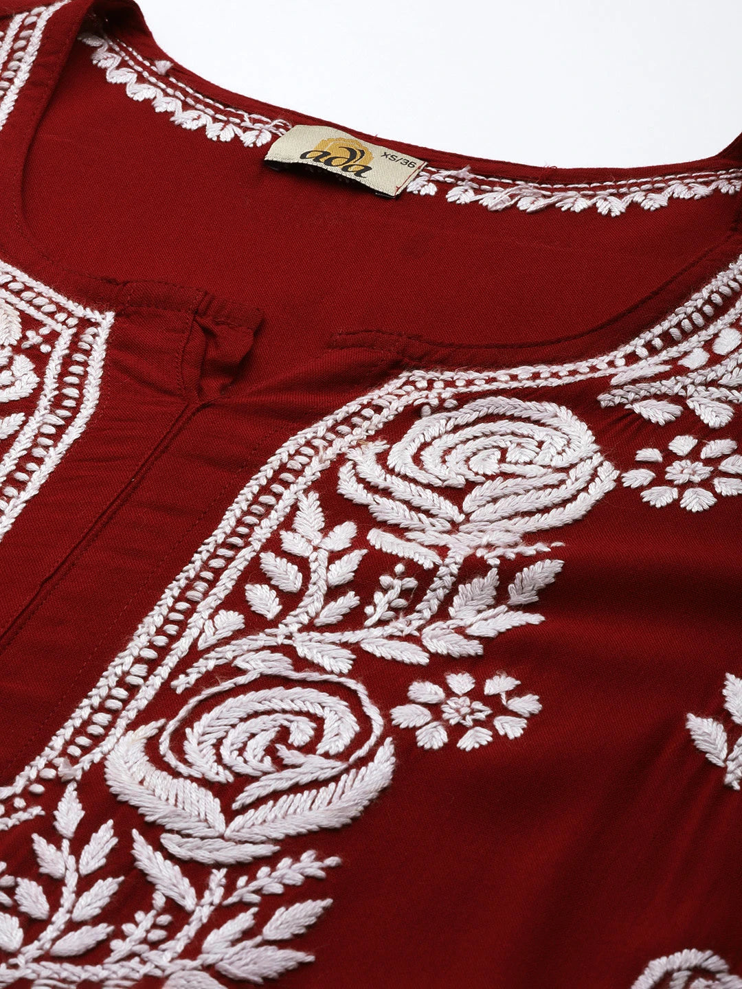 Ada Hand Embroidered Dark Red Rayon Lucknowi Chikankari Straight Kurta A411539