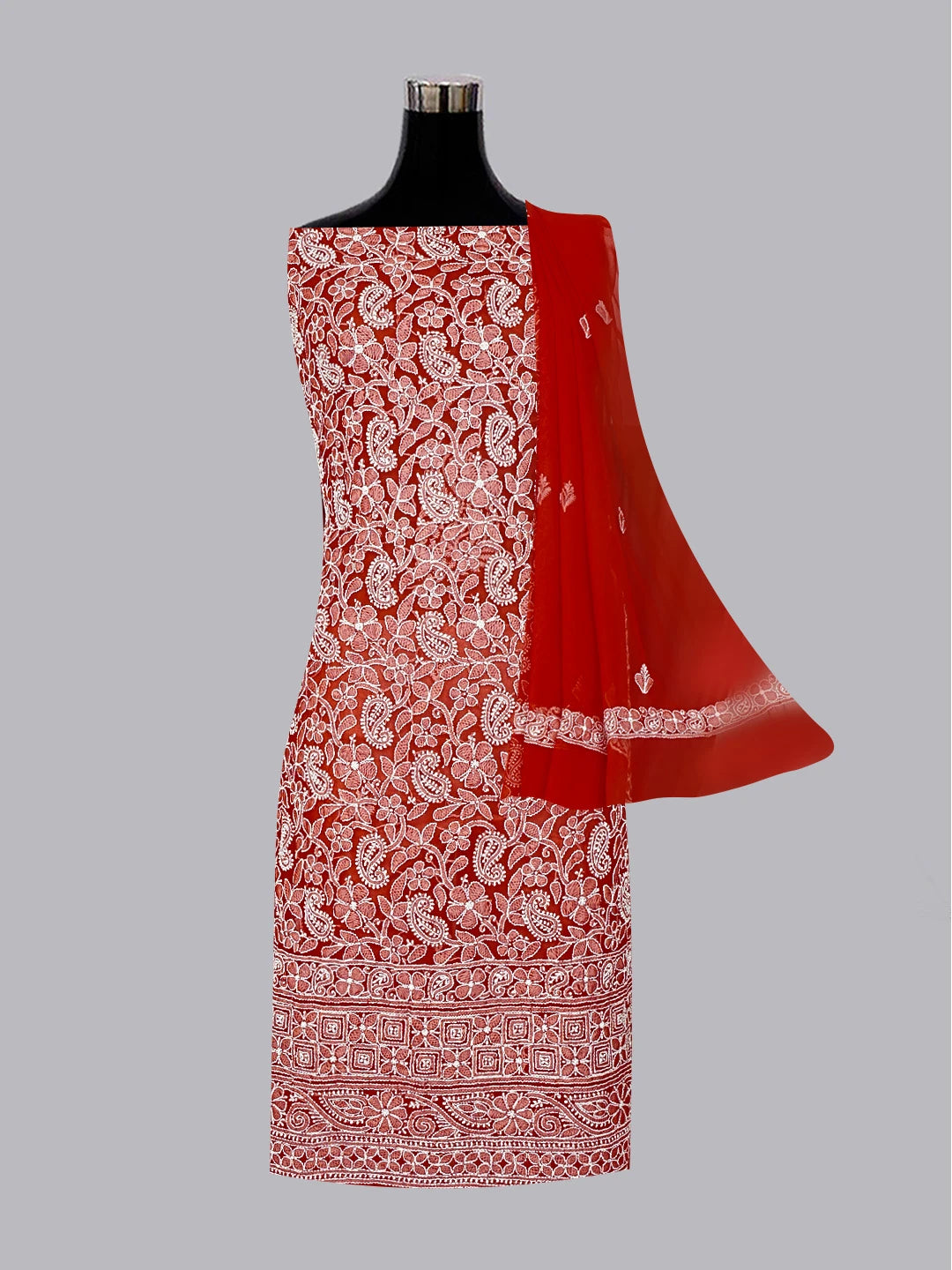 Ada Hand Embroidered Red Georgette Lucknowi Chikankari Unstitched Suit Piece 01A387173