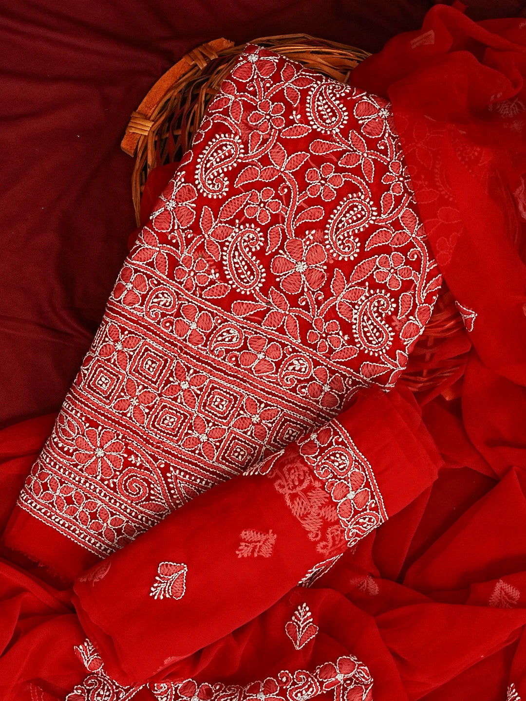 Ada Hand Embroidered Red Georgette Lucknowi Chikankari Unstitched Suit Piece 01A387173