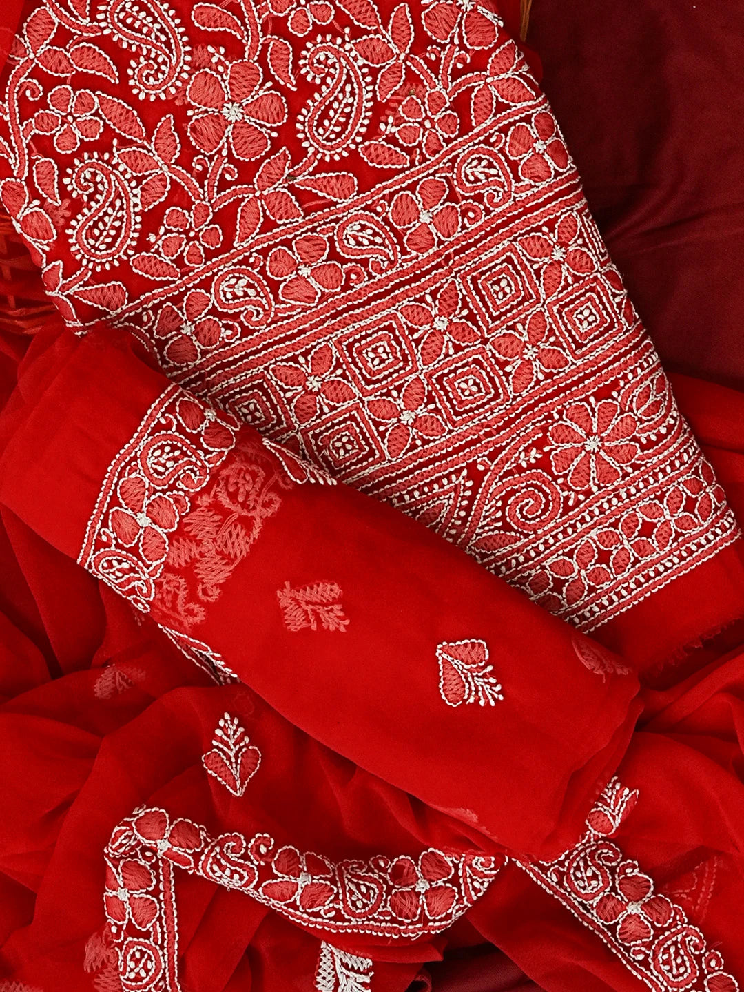 Ada Hand Embroidered Red Georgette Lucknowi Chikankari Unstitched Suit Piece 01A387173