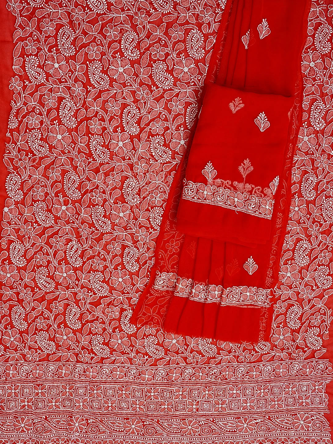 Ada Hand Embroidered Red Georgette Lucknowi Chikankari Unstitched Suit Piece 01A387173