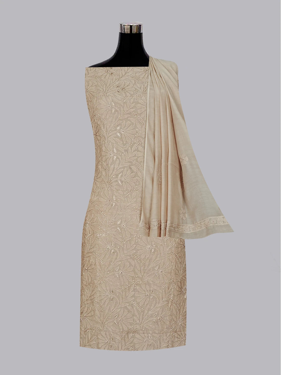 Ada Hand Embroidered Fawn Muslin Lucknowi Chikankari Unstitched Kurta Dupatta Set 01A584960