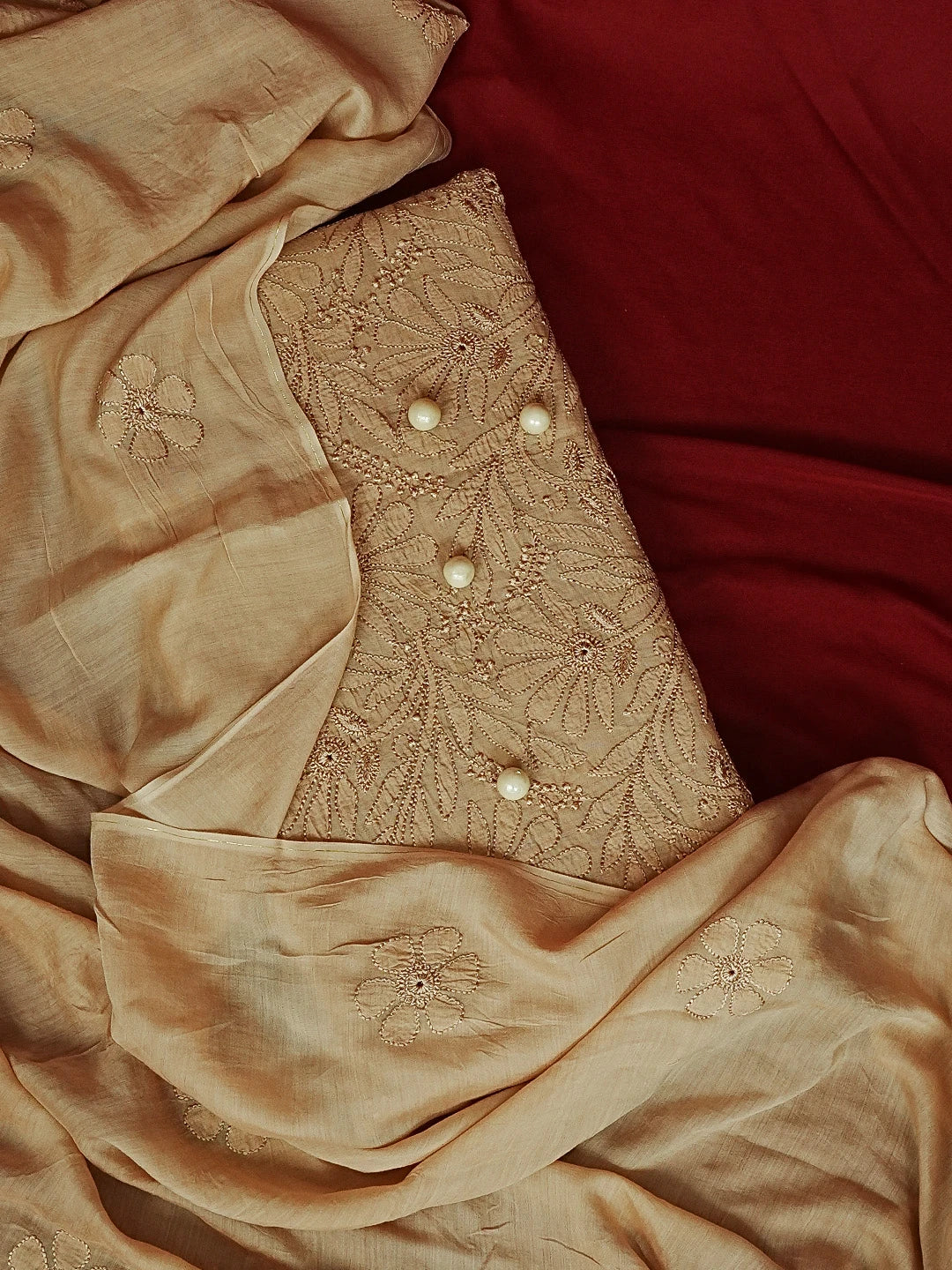 Ada Hand Embroidered Fawn Muslin Lucknowi Chikankari Unstitched Kurta Dupatta Set 01A584960