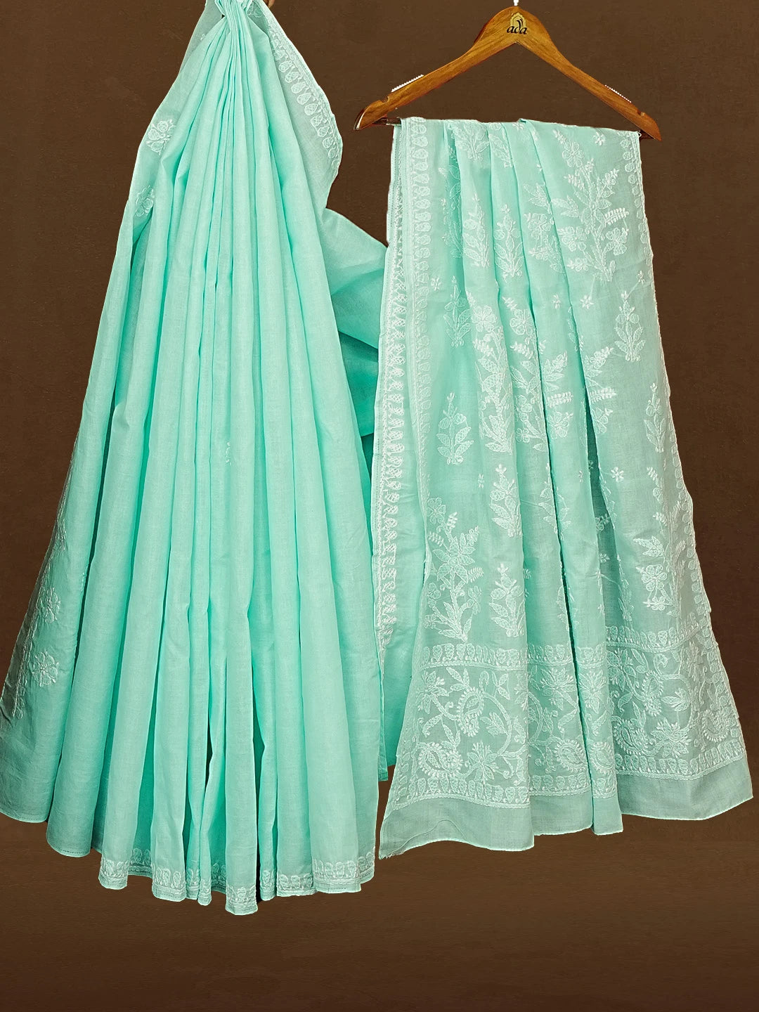 Ada Hand Embroidered Sea Green Cotton Lucknowi Chikankari Saree and Blouse 01A583442