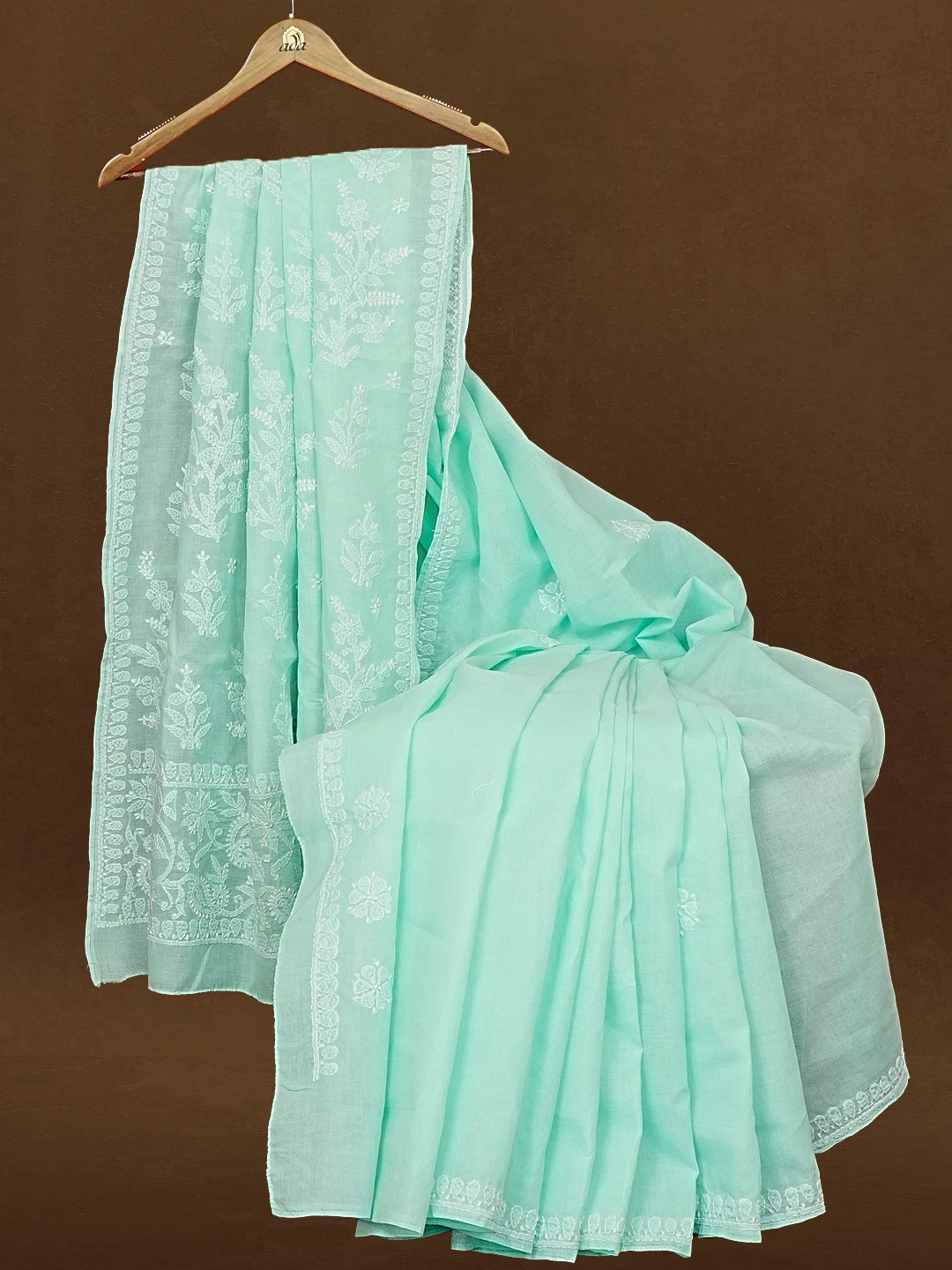 Ada Hand Embroidered Sea Green Cotton Lucknowi Chikankari Saree and Blouse 01A583442