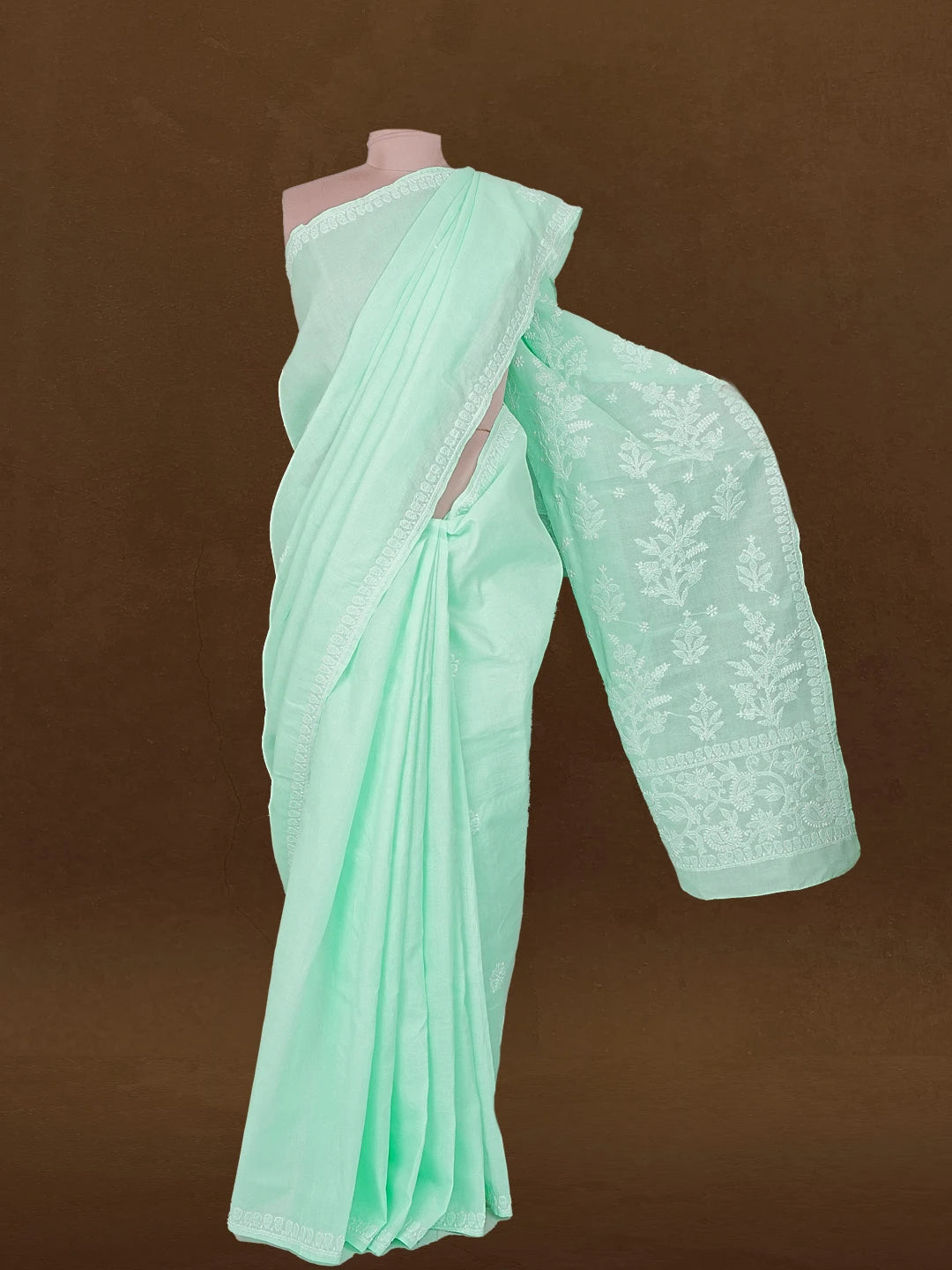 Ada Hand Embroidered Sea Green Cotton Lucknowi Chikankari Saree and Blouse 01A583442