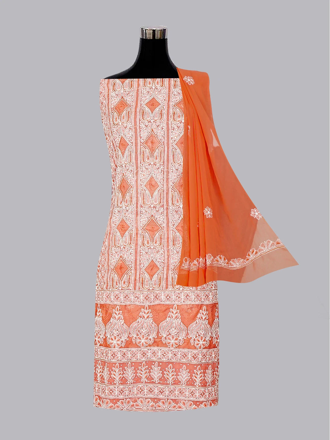 Ada Hand Embroidered Rust Georgette Lucknowi Chikankari Unstitched Suit Piece With Cutdana Work 01A584343