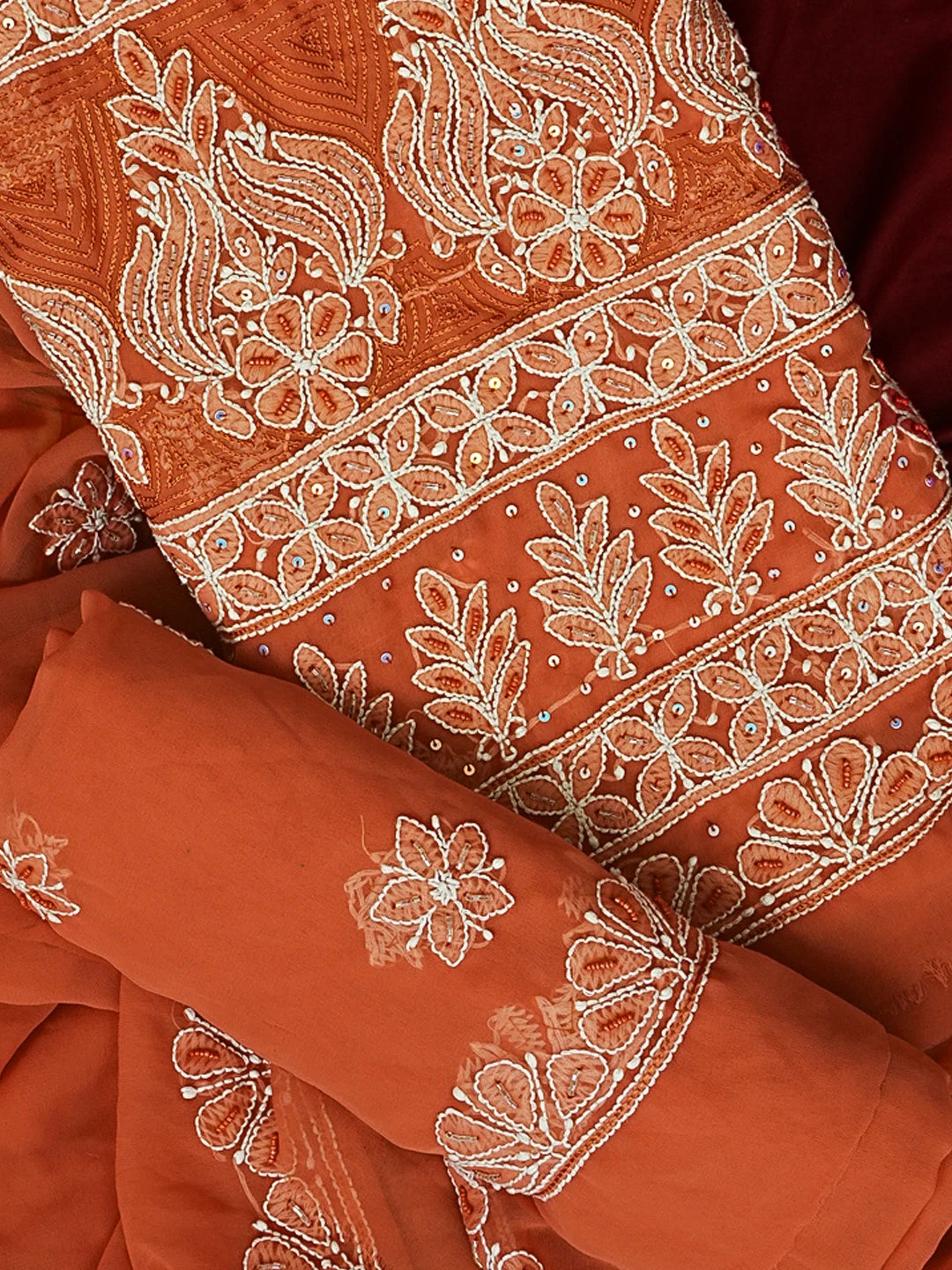 Ada Hand Embroidered Rust Georgette Lucknowi Chikankari Unstitched Suit Piece With Cutdana Work 01A584343