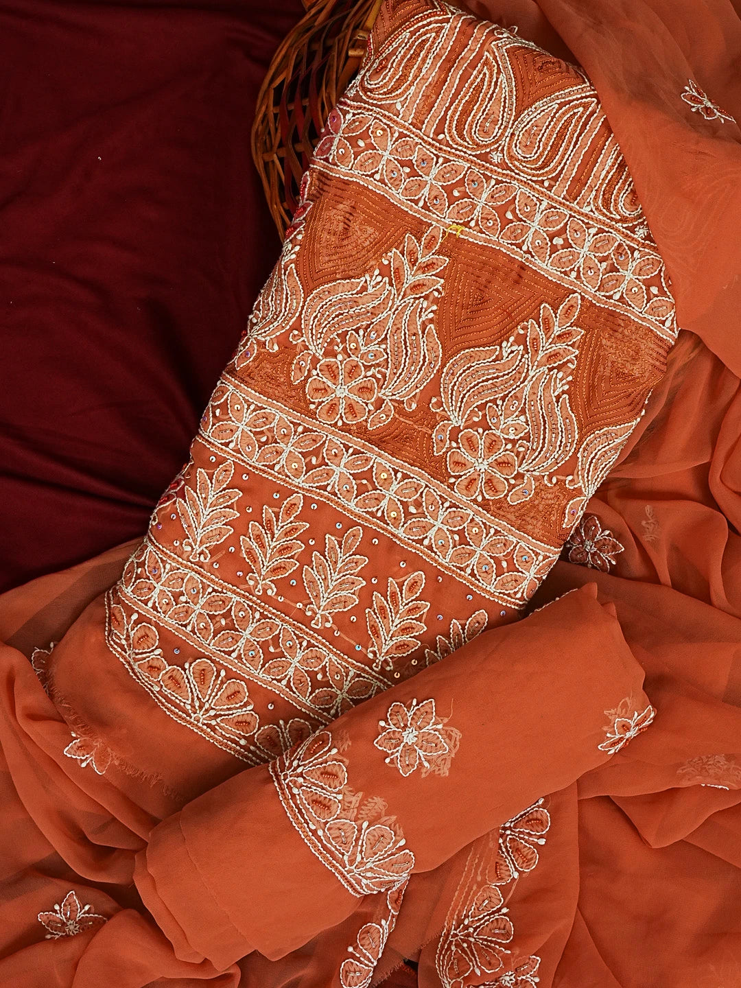 Ada Hand Embroidered Rust Georgette Lucknowi Chikankari Unstitched Suit Piece With Cutdana Work 01A584343