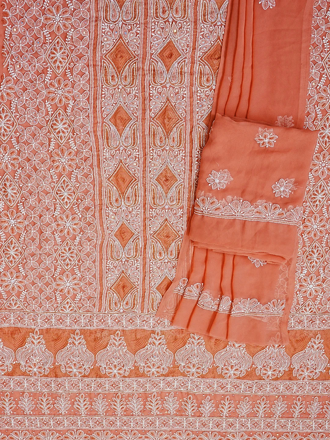 Ada Hand Embroidered Rust Georgette Lucknowi Chikankari Unstitched Suit Piece With Cutdana Work 01A584343