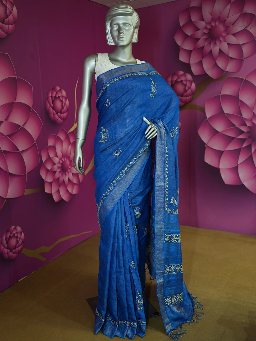 Ada Hand Embroidered Royal Blue Tissue Lucknowi Chikankari Saree With Blouse 01A374220