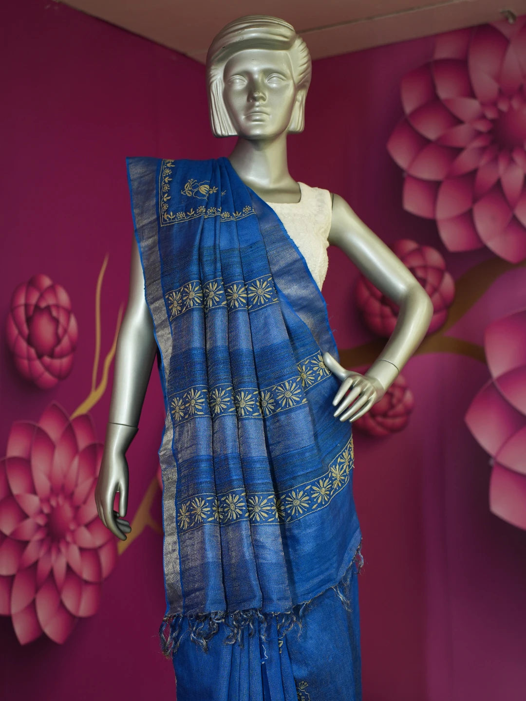 Ada Hand Embroidered Royal Blue Tissue Lucknowi Chikankari Saree With Blouse 01A374220
