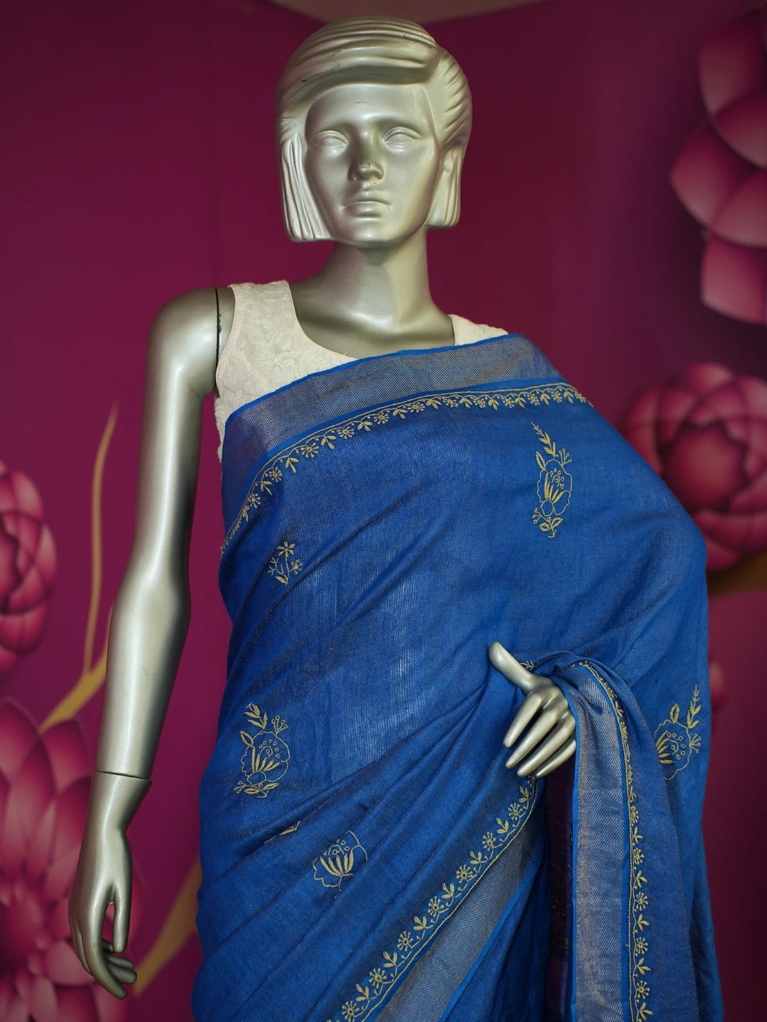 Ada Hand Embroidered Royal Blue Tissue Lucknowi Chikankari Saree With Blouse 01A374220