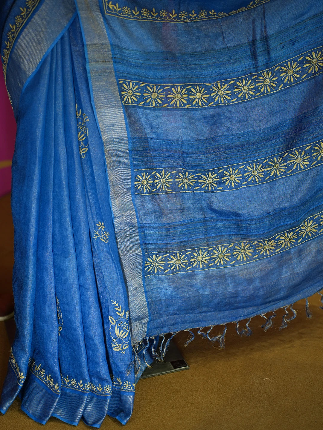 Ada Hand Embroidered Royal Blue Tissue Lucknowi Chikankari Saree With Blouse 01A374220