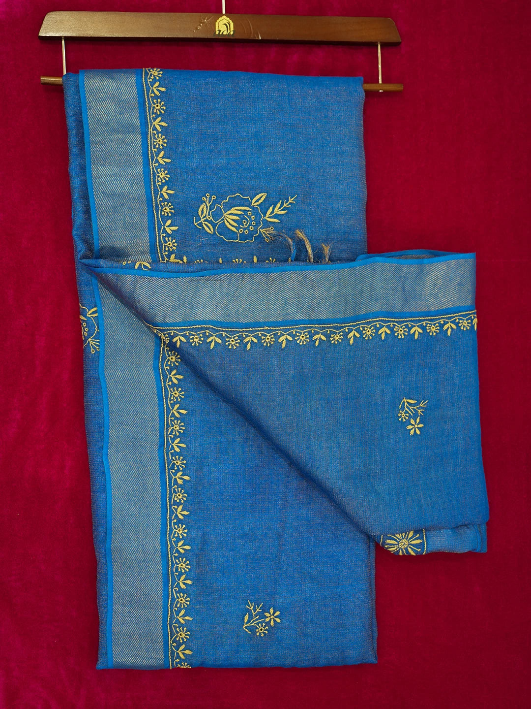 Ada Hand Embroidered Royal Blue Tissue Lucknowi Chikankari Saree With Blouse 01A374220