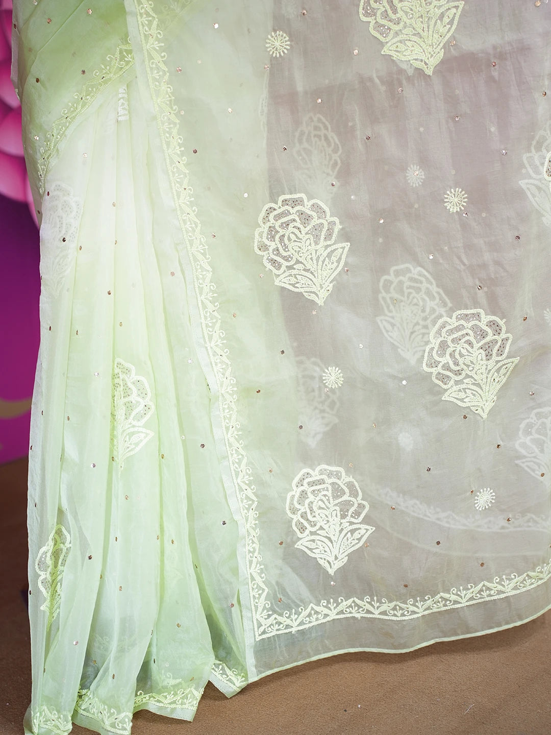 Ada Hand Embroidered Lime Green Organza Lucknowi Chikankari Saree With Blouse And Muqaish Work 01A561749