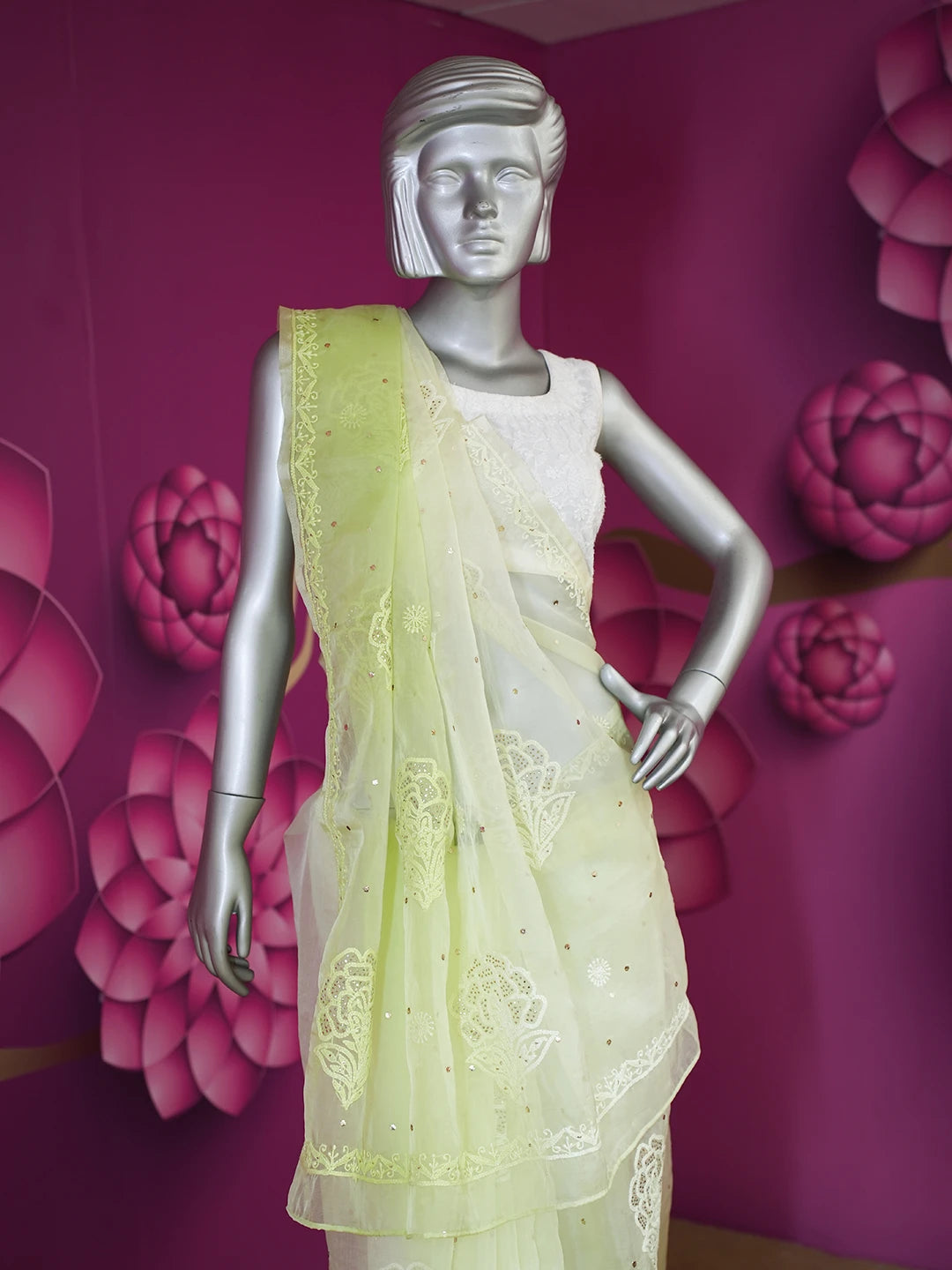 Ada Hand Embroidered Lime Green Organza Lucknowi Chikankari Saree With Blouse And Muqaish Work 01A561749