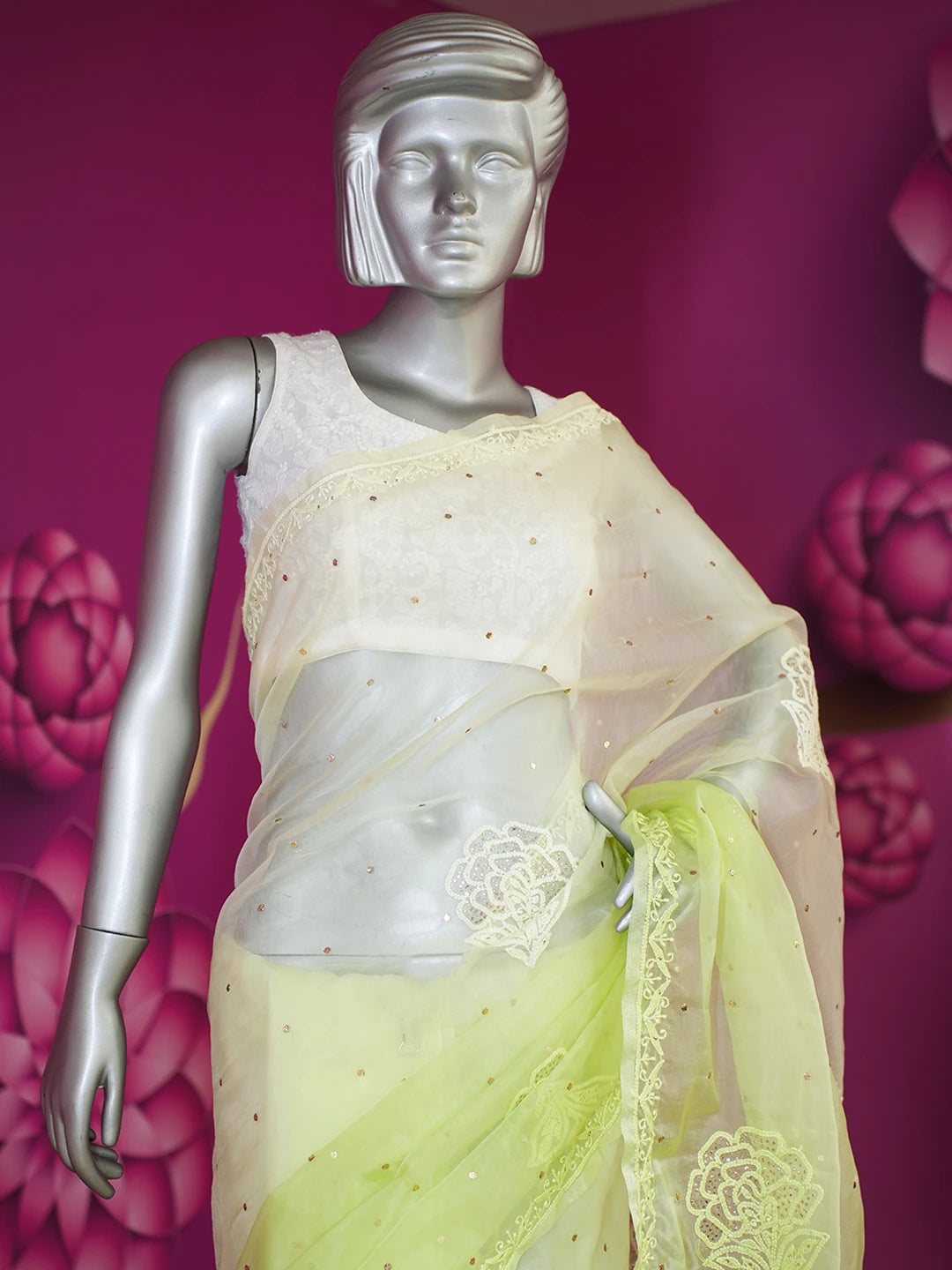Ada Hand Embroidered Lime Green Organza Lucknowi Chikankari Saree With Blouse And Muqaish Work 01A561749