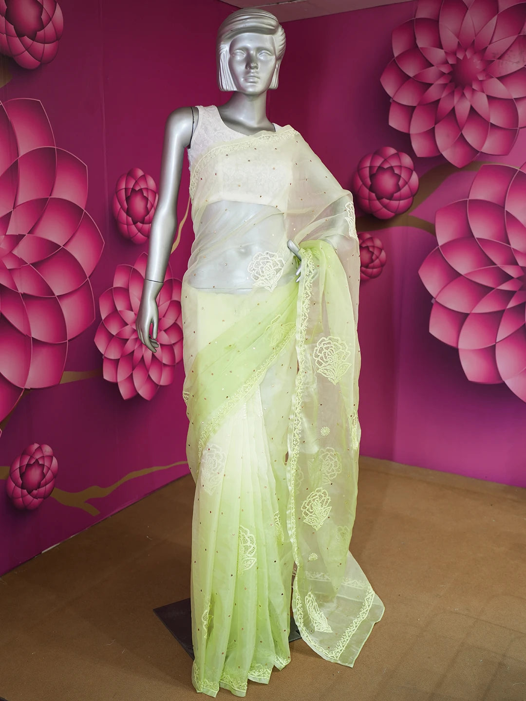 Ada Hand Embroidered Lime Green Organza Lucknowi Chikankari Saree With Blouse And Muqaish Work 01A561749