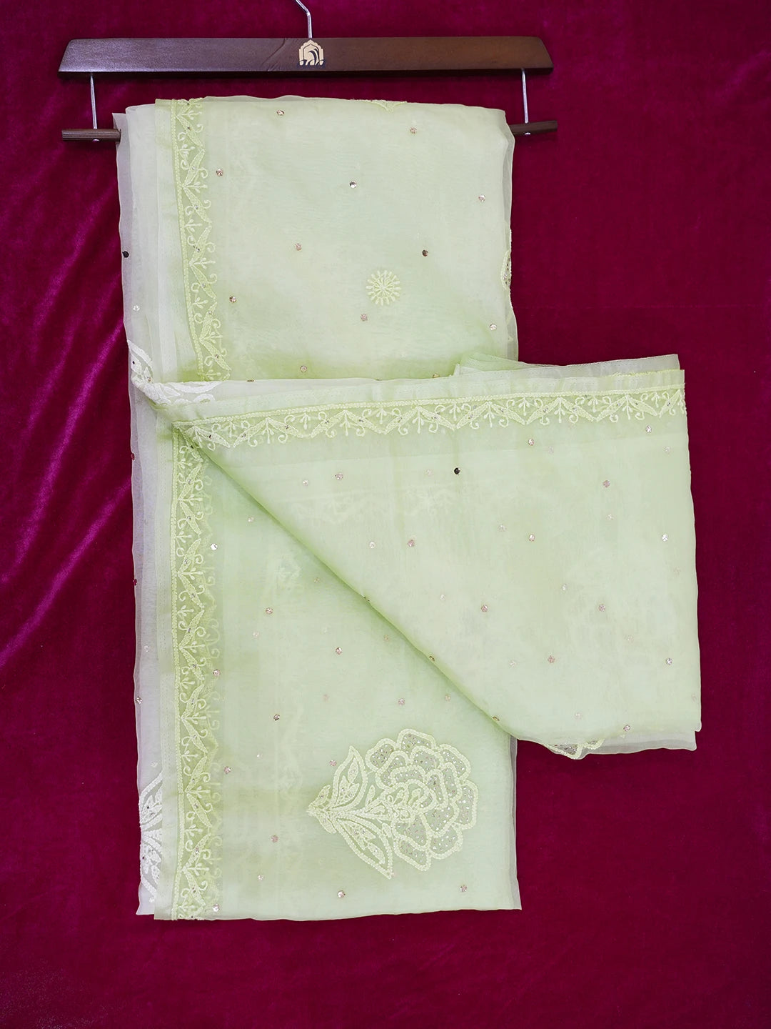 Ada Hand Embroidered Lime Green Organza Lucknowi Chikankari Saree With Blouse And Muqaish Work 01A561749