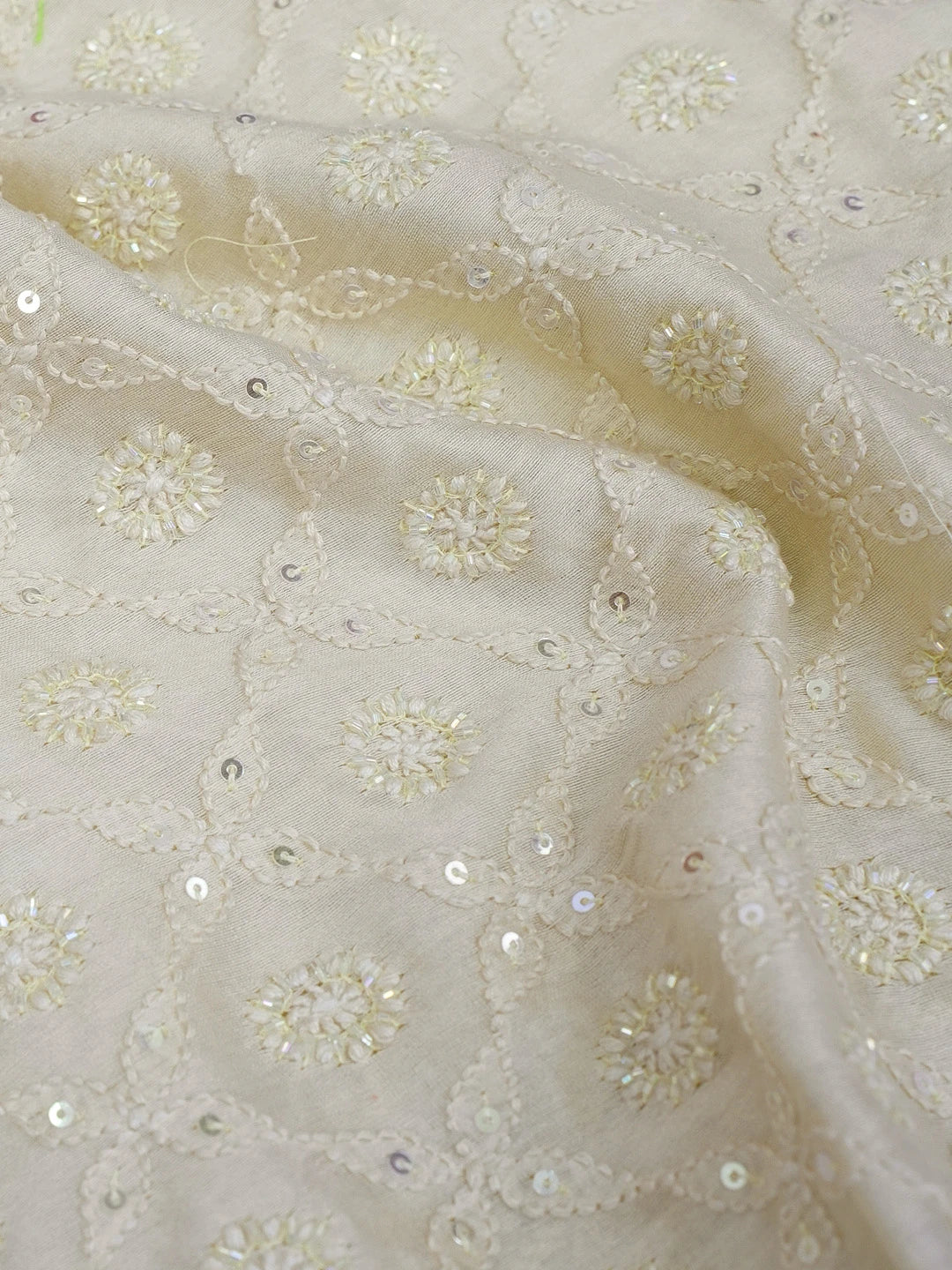Ada Hand Embroidered Cream Chanderi Lucknowi Chikankari Unstitched Men's Kurta Piece With Cutdana and Sequinned Work 01A576407
