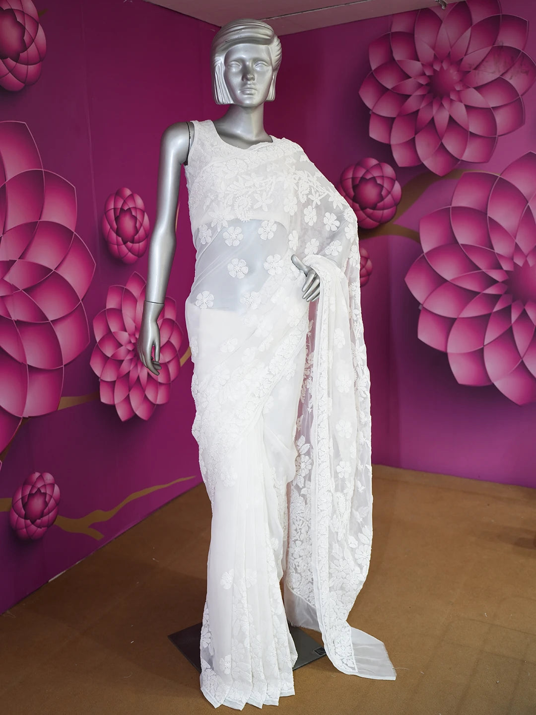Ada Hand Embroidered White Faux Georgette Lucknowi Chikankari Saree and Blouse 01A539017