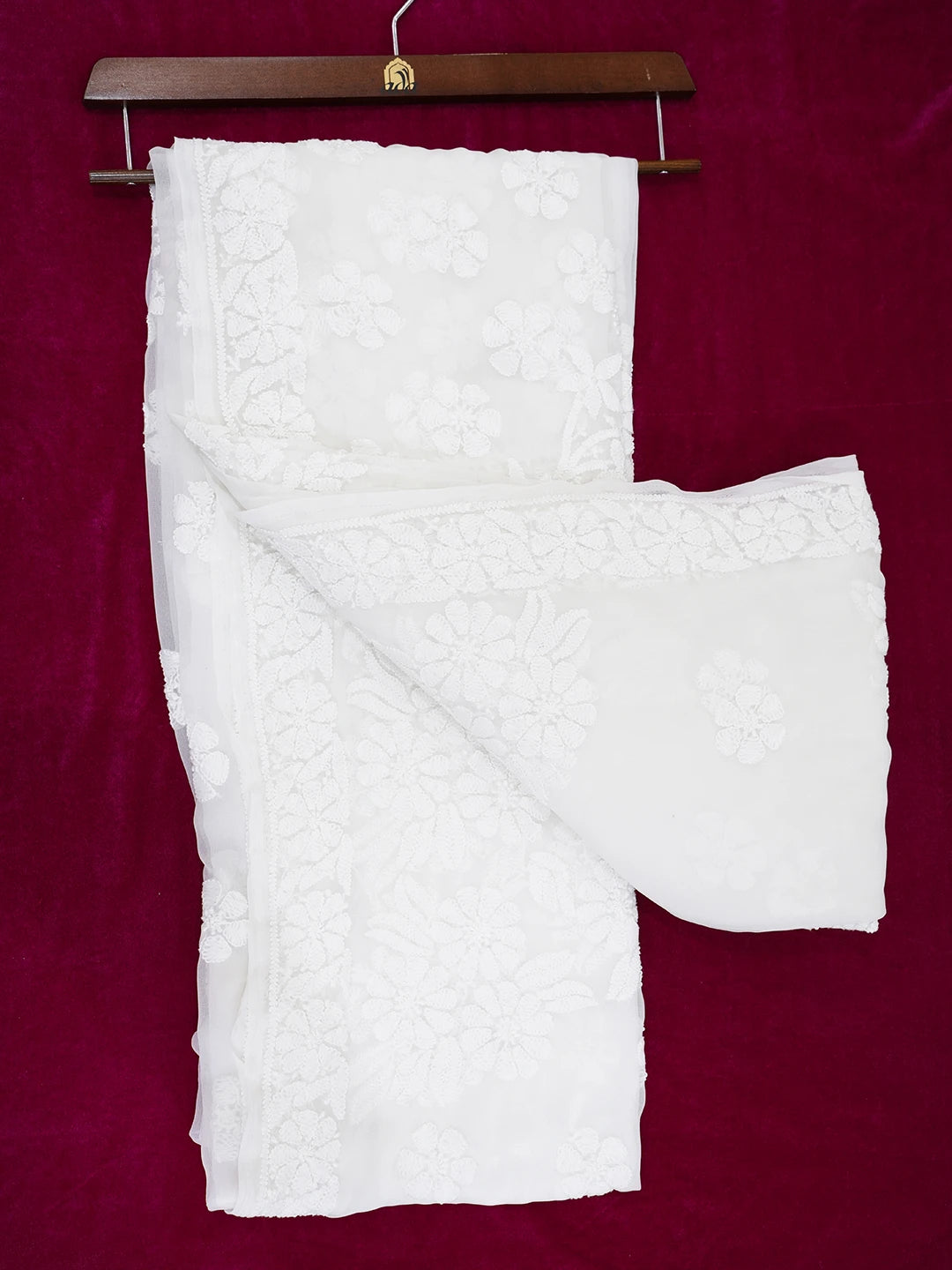 Ada Hand Embroidered White Faux Georgette Lucknowi Chikankari Saree and Blouse 01A539017