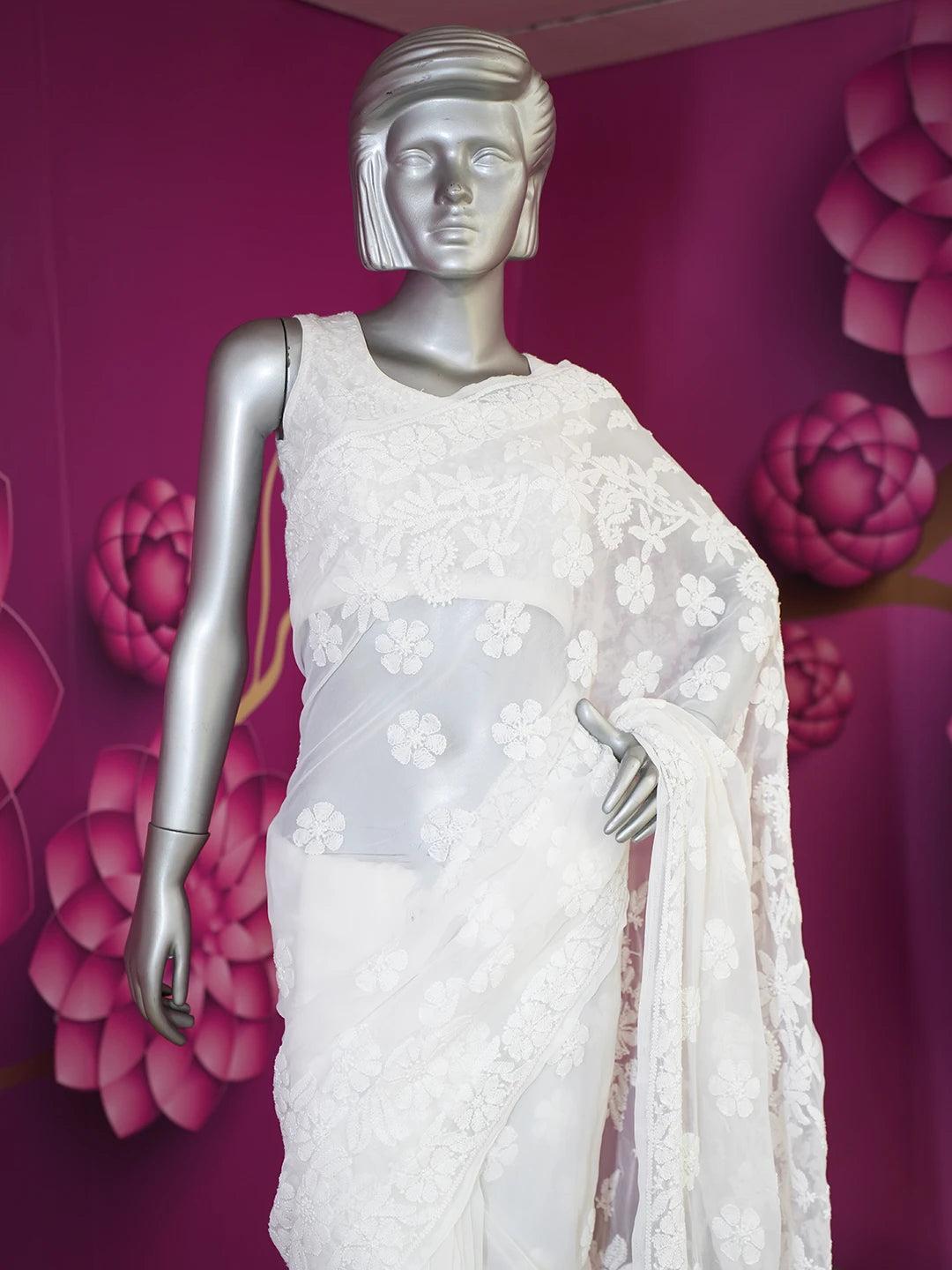 Ada Hand Embroidered White Faux Georgette Lucknowi Chikankari Saree and Blouse 01A539017