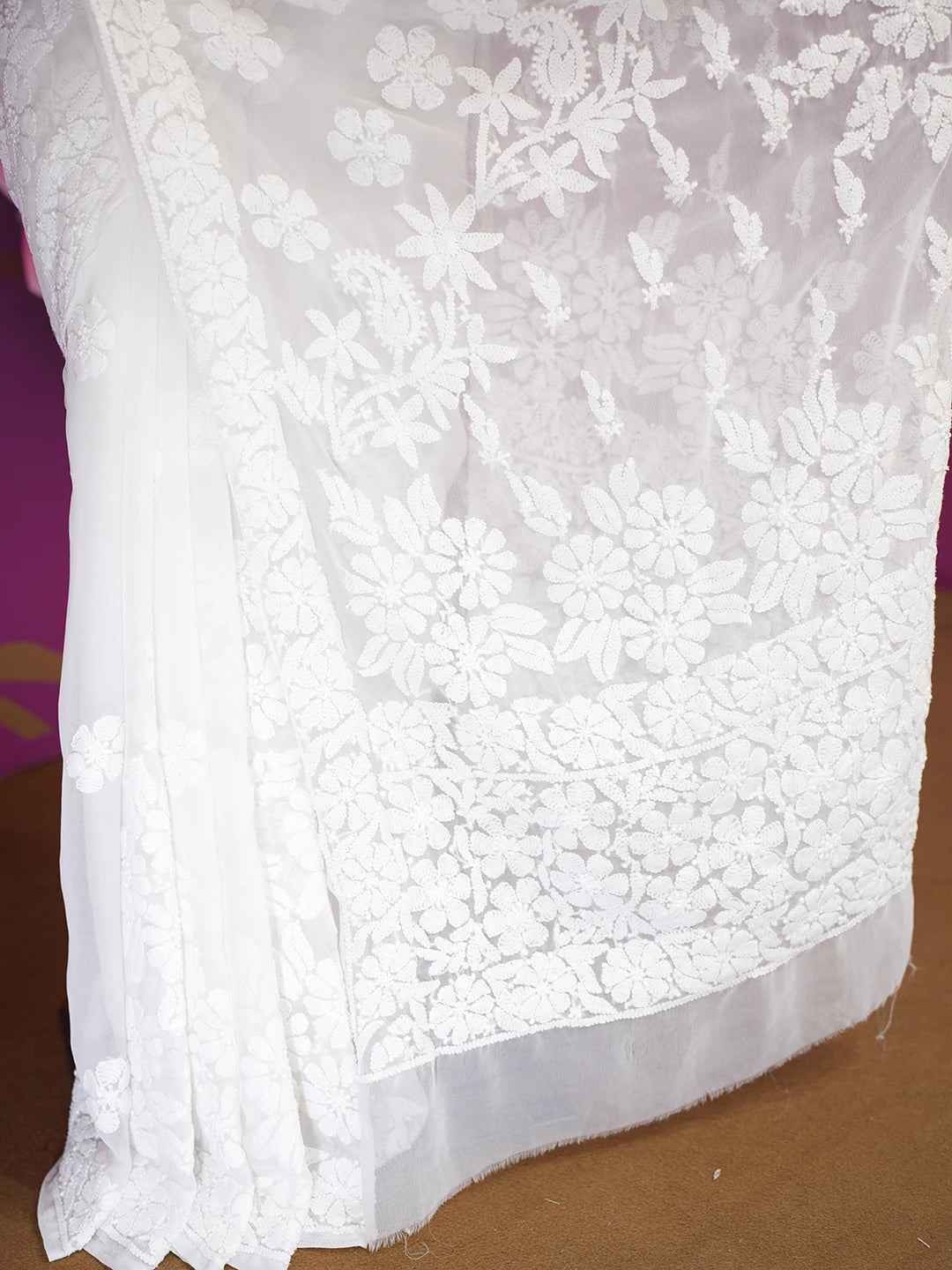 Ada Hand Embroidered White Faux Georgette Lucknowi Chikankari Saree and Blouse 01A539017