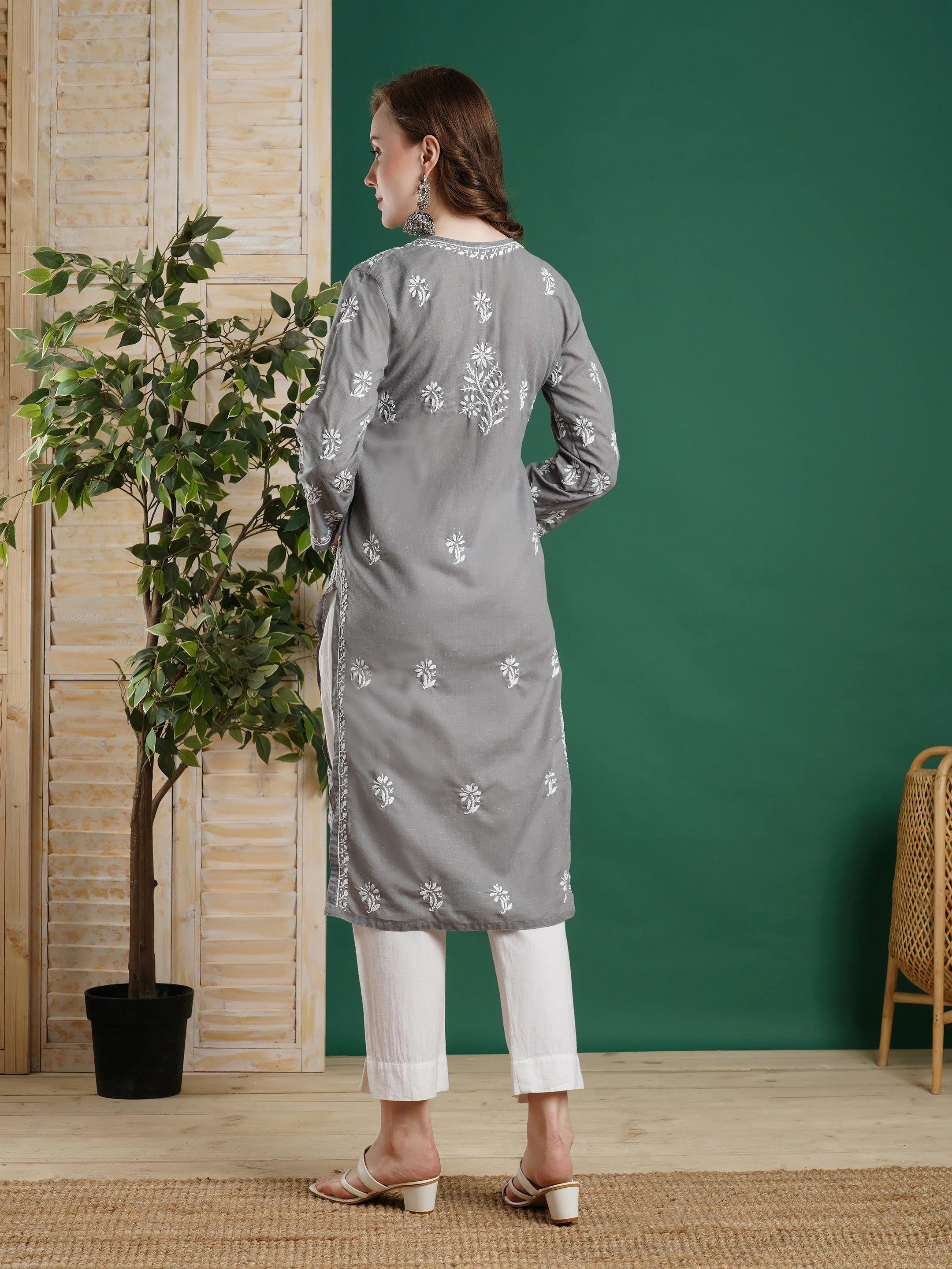 Ada Hand Embroidered Grey Cotton Lucknowi Chikankari Straight Kurta  A133729