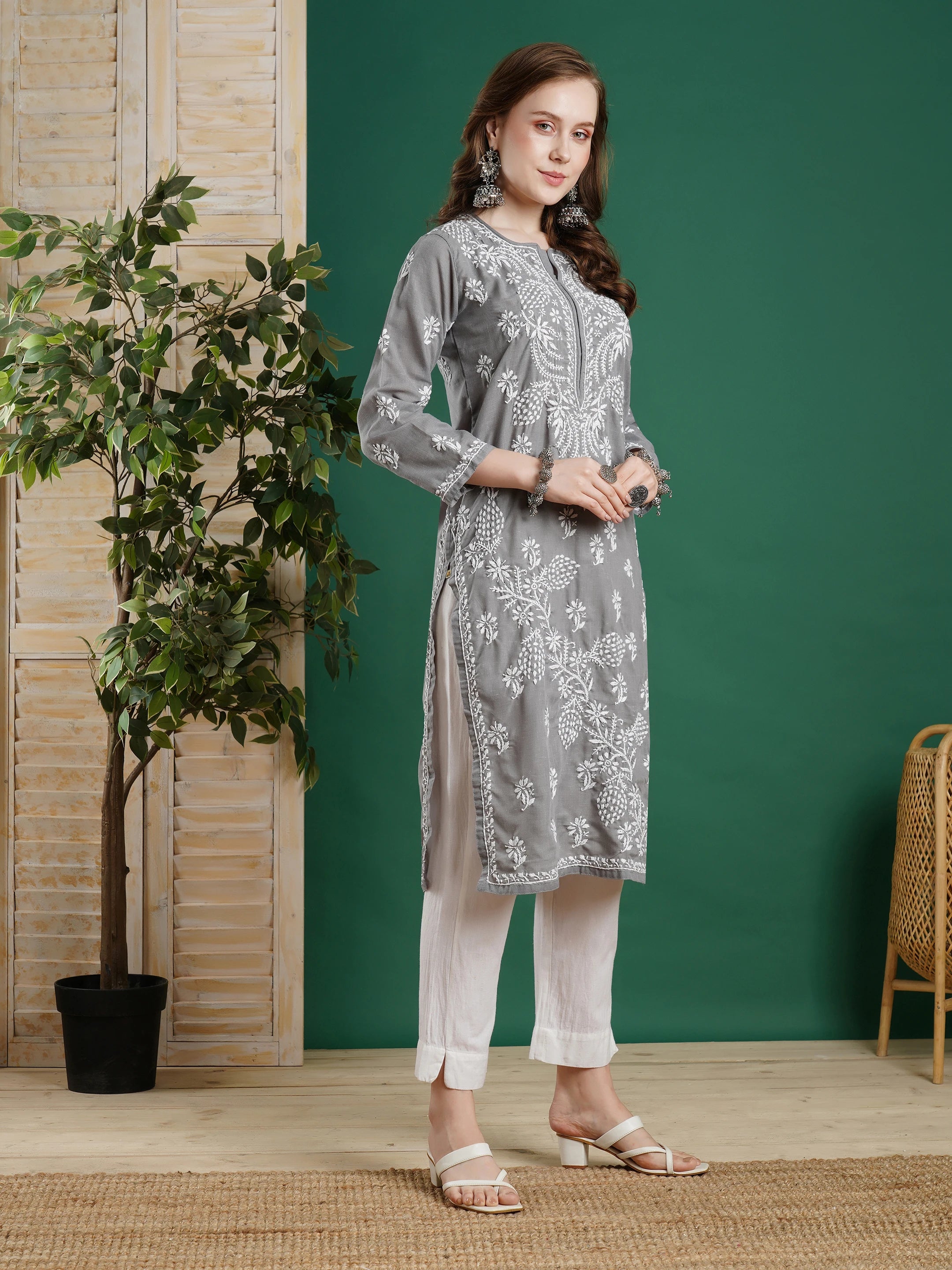 Ada Hand Embroidered Grey Cotton Lucknowi Chikankari Straight Kurta  A133729