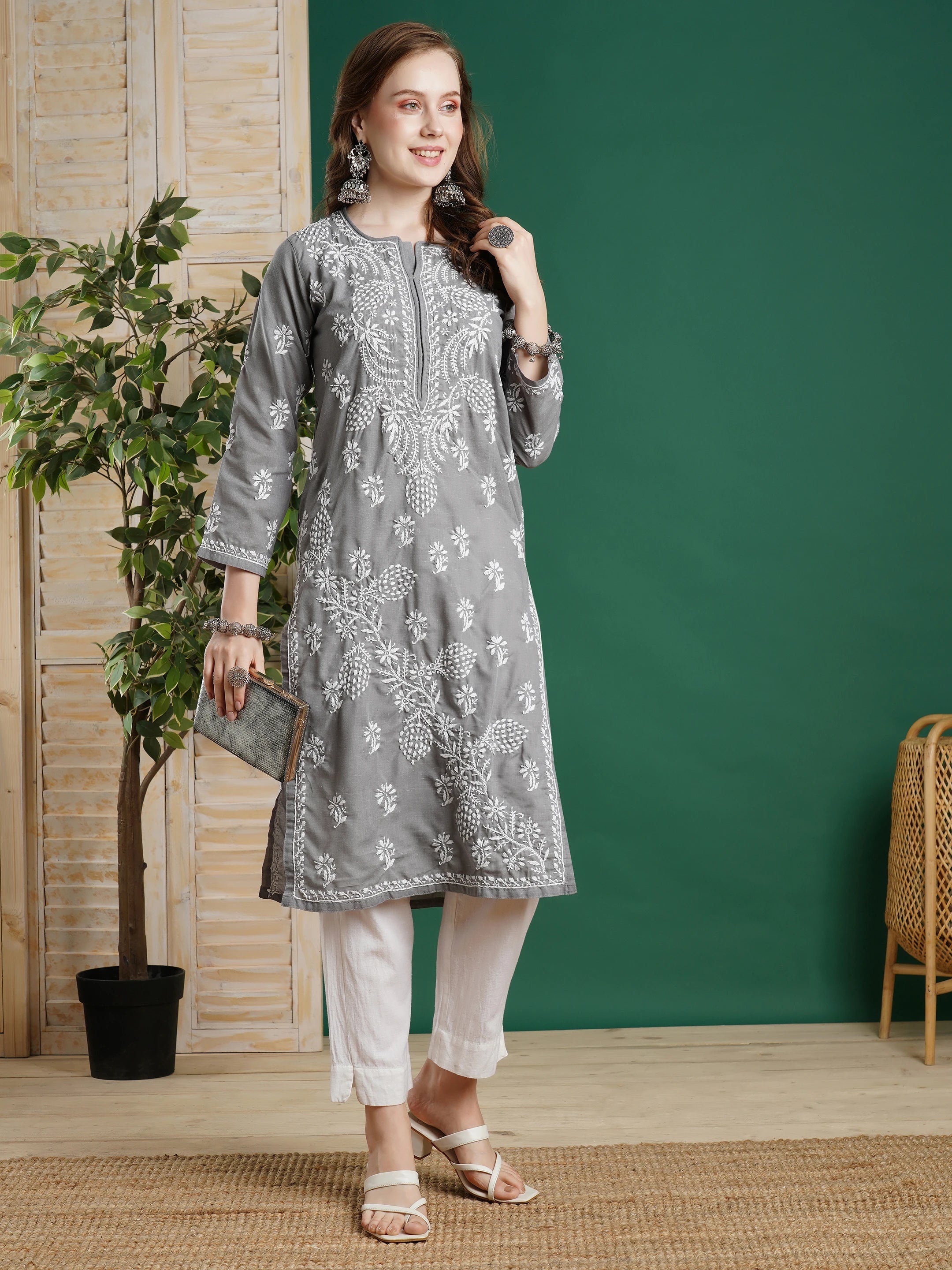 Ada Hand Embroidered Grey Cotton Lucknowi Chikankari Straight Kurta  A133729