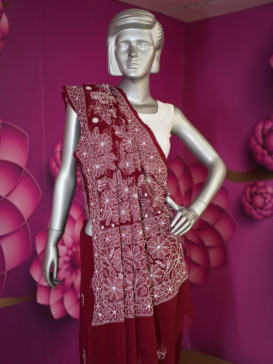 Ada Hand Embroidered Maroon Faux Georgette Lucknowi Chikankari Saree and Blouse 01A569960