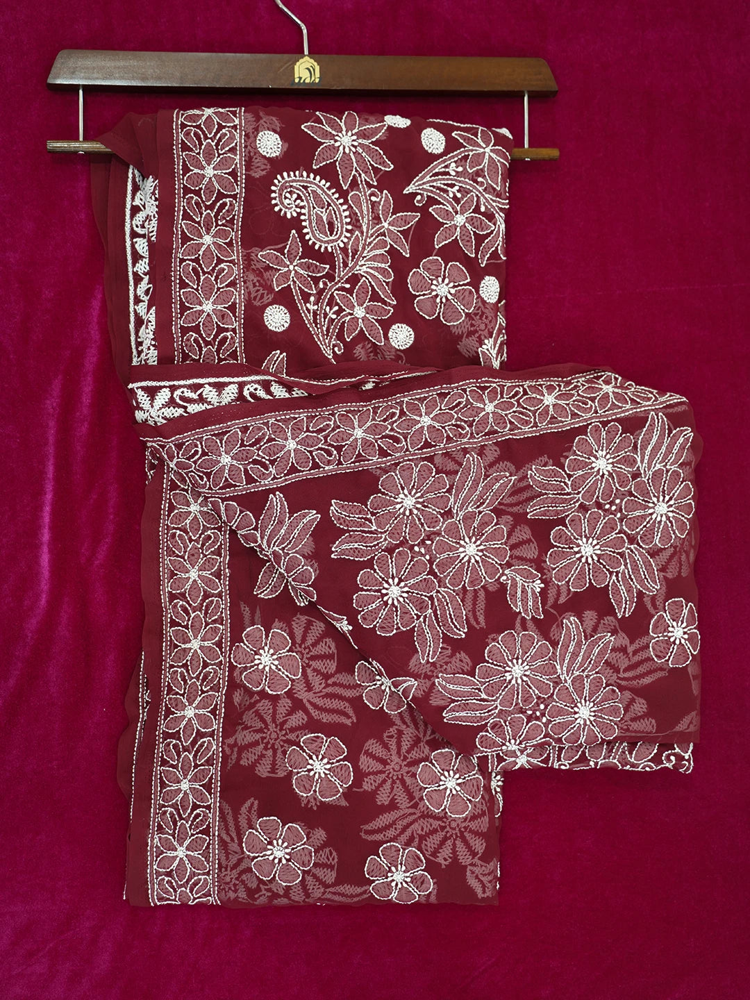 Ada Hand Embroidered Maroon Faux Georgette Lucknowi Chikankari Saree and Blouse 01A569960