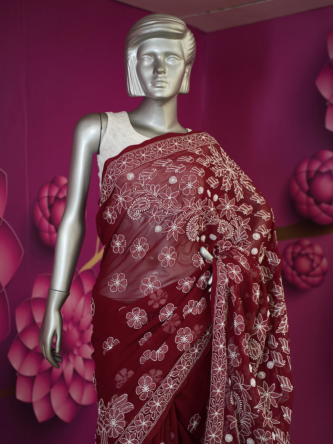 Ada Hand Embroidered Maroon Faux Georgette Lucknowi Chikankari Saree and Blouse 01A569960