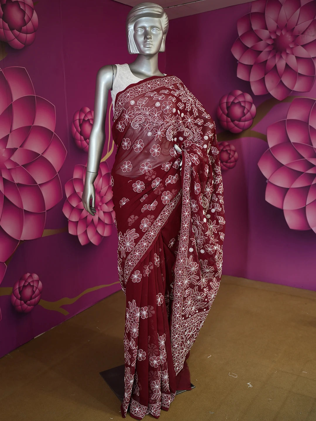 Ada Hand Embroidered Maroon Faux Georgette Lucknowi Chikankari Saree and Blouse 01A569960