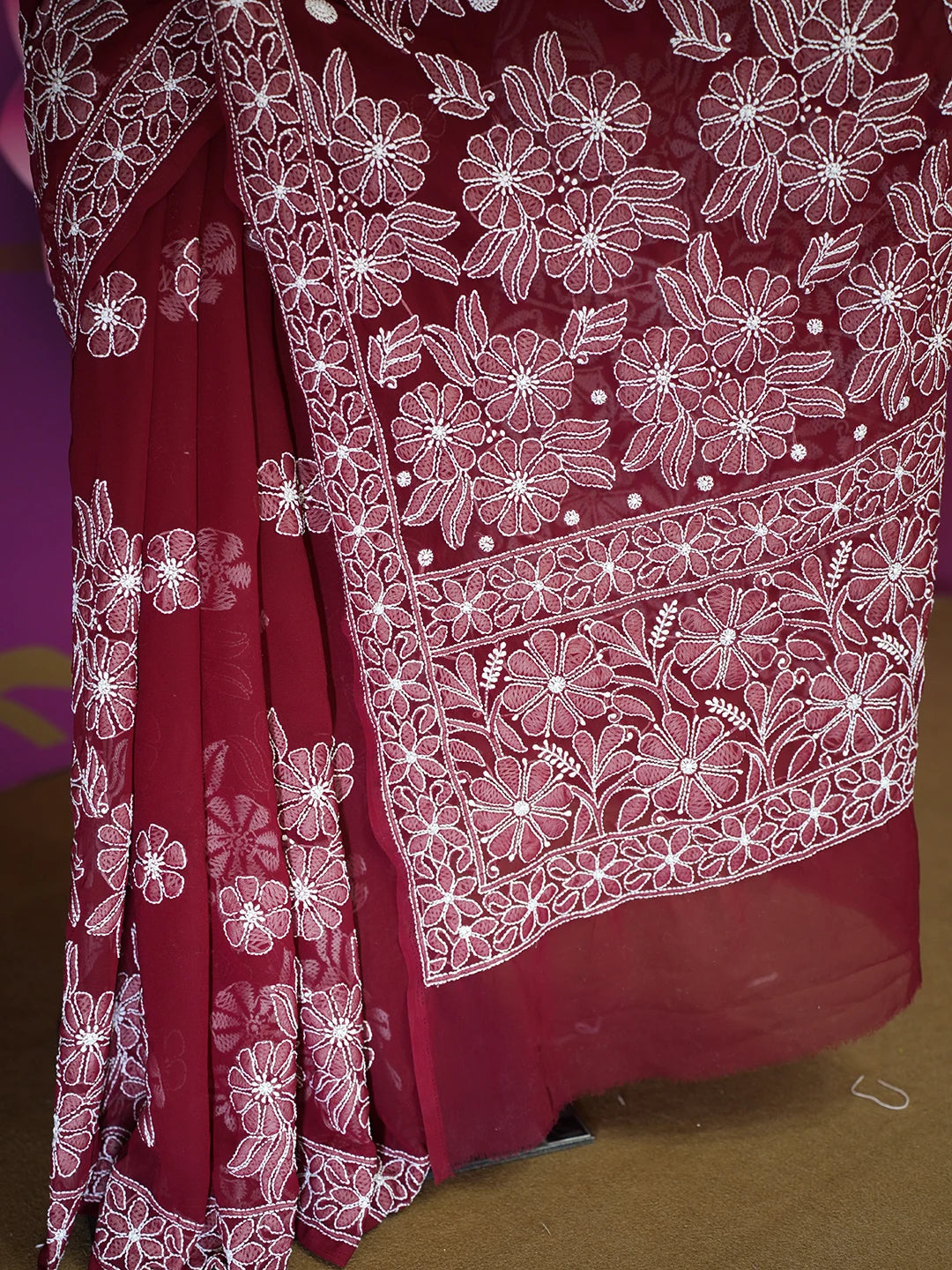 Ada Hand Embroidered Maroon Faux Georgette Lucknowi Chikankari Saree and Blouse 01A569960